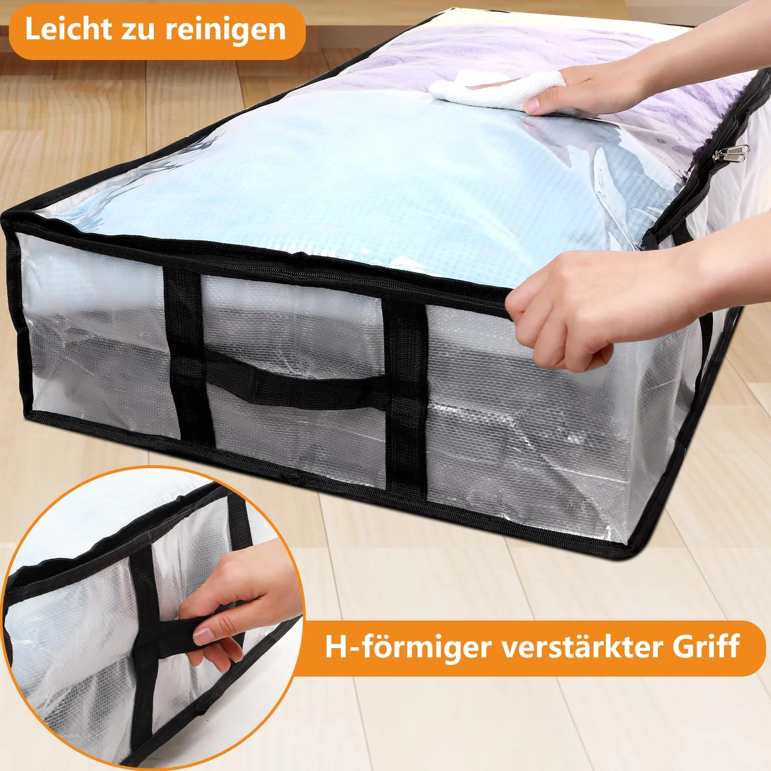 Dntorx 4 Stück 90L Unterbett Aufbewahrungsbox mit Deckel Groß, Transparente Unterbettkommode Faltbare Aufbewahrungstasche mit Griff, Unterbett Aufbewahrung für Bettdecken Kissen Kleidung Aufbewahrung