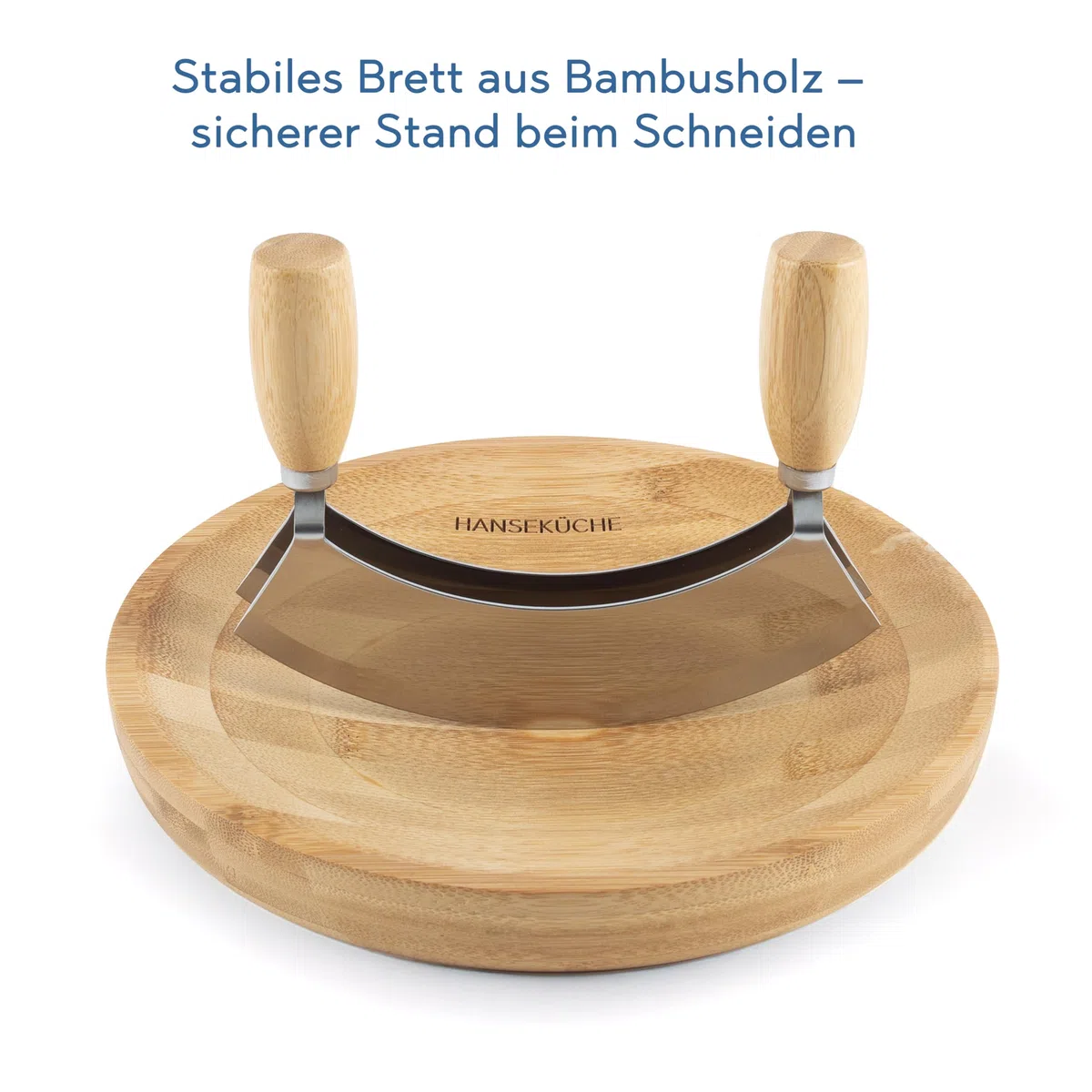 Hanseküche Wiegemesser Set mit Bambus Schneidebrett – 2-Klingen Kräutermesser aus Edelstahl – Kräuterhacker zum Hacken & Schneiden von Kräutern, Nüssen & Knoblauch – Profi Küchenhelfer