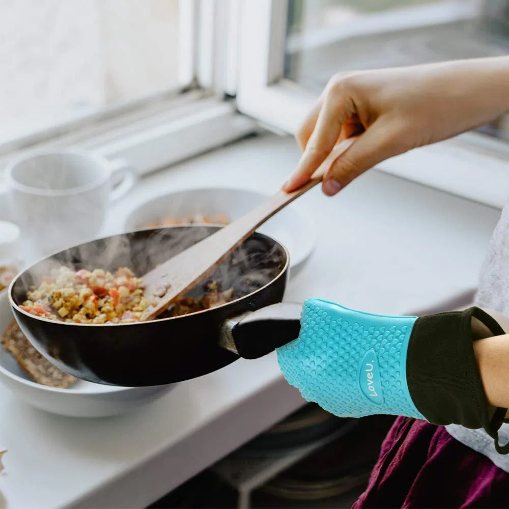 Grillhandschuhe – Doppelschicht Backhandschuhe aus Silikon und Baumwolle - Hitzebeständige Handschuhe/Ofenhandschuhe/Kochhandschuhe/Flexible Küchenhandschuhe - Perfekt zum BBQ Backen