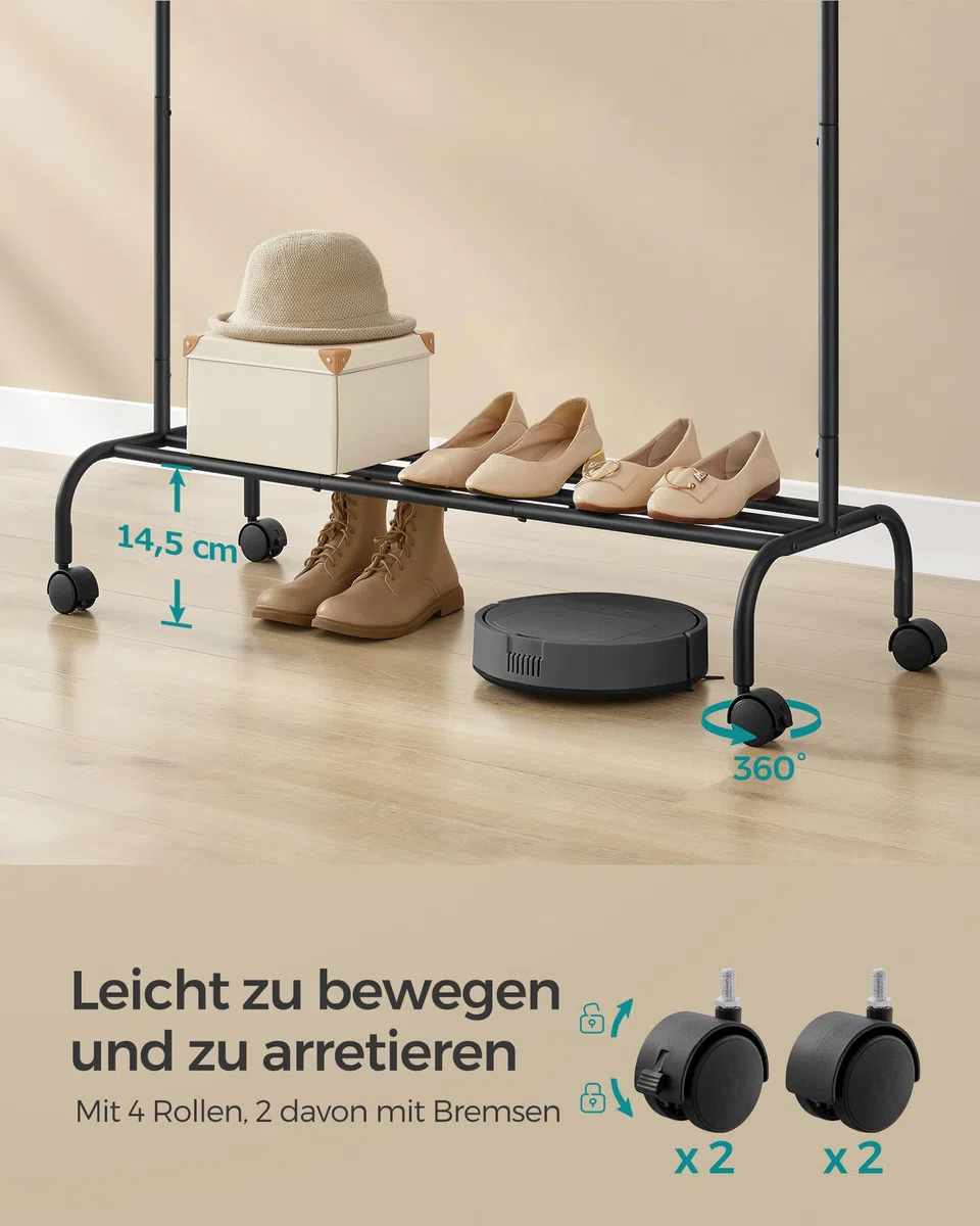 SONGMICS Kleiderständer auf Rollen, Kleiderstange, Garderobenstange, Garderobenständer aus Stahlrohren, bis 50 kg belastbar, 103,5 cm breit, multifunktionale Aufbewahrung, schwarz HSR131B01