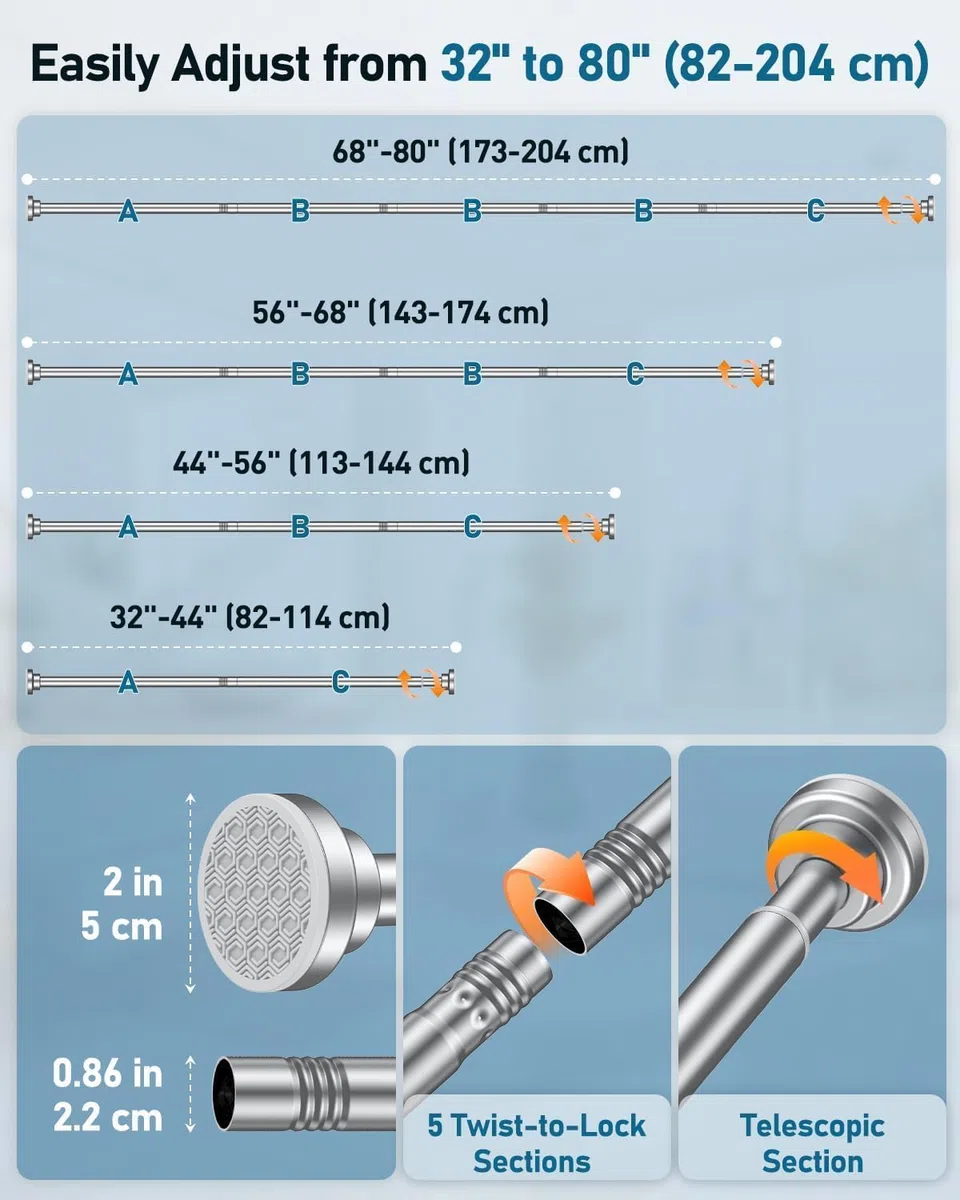 Uniclife Duschvorhangstange Ohne Bohren, 82–204 cm Verstellbare Spannstange, Rutschfeste Feder-Duschstange, Rostfreier Edelstahl, Geeignet Für Bad, Fenster Und Kleiderschrank, Silber