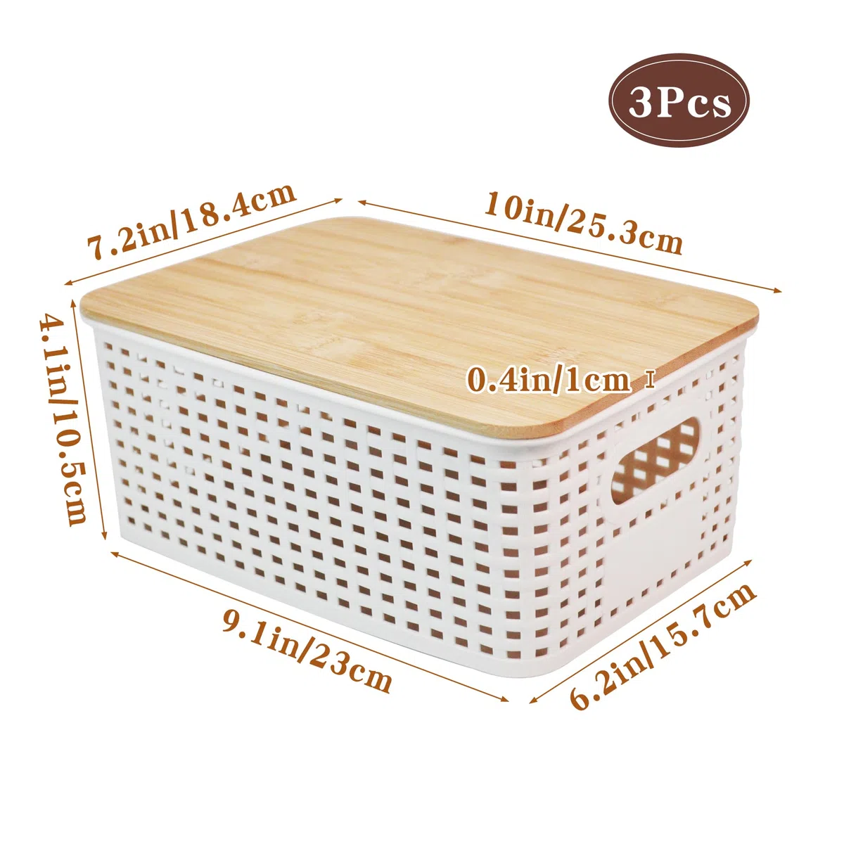 LYLIDIA 3 Stücke Aufbewahrungsbox mit Bambus Deckel Bad 5L Korb Plastikbox Weiß 25x18x10cm Lidded Stapelboxen Badezimmer Küche Aufbewahrungsboxen Rattan Organizer Box for Regal Schränke Kabinett