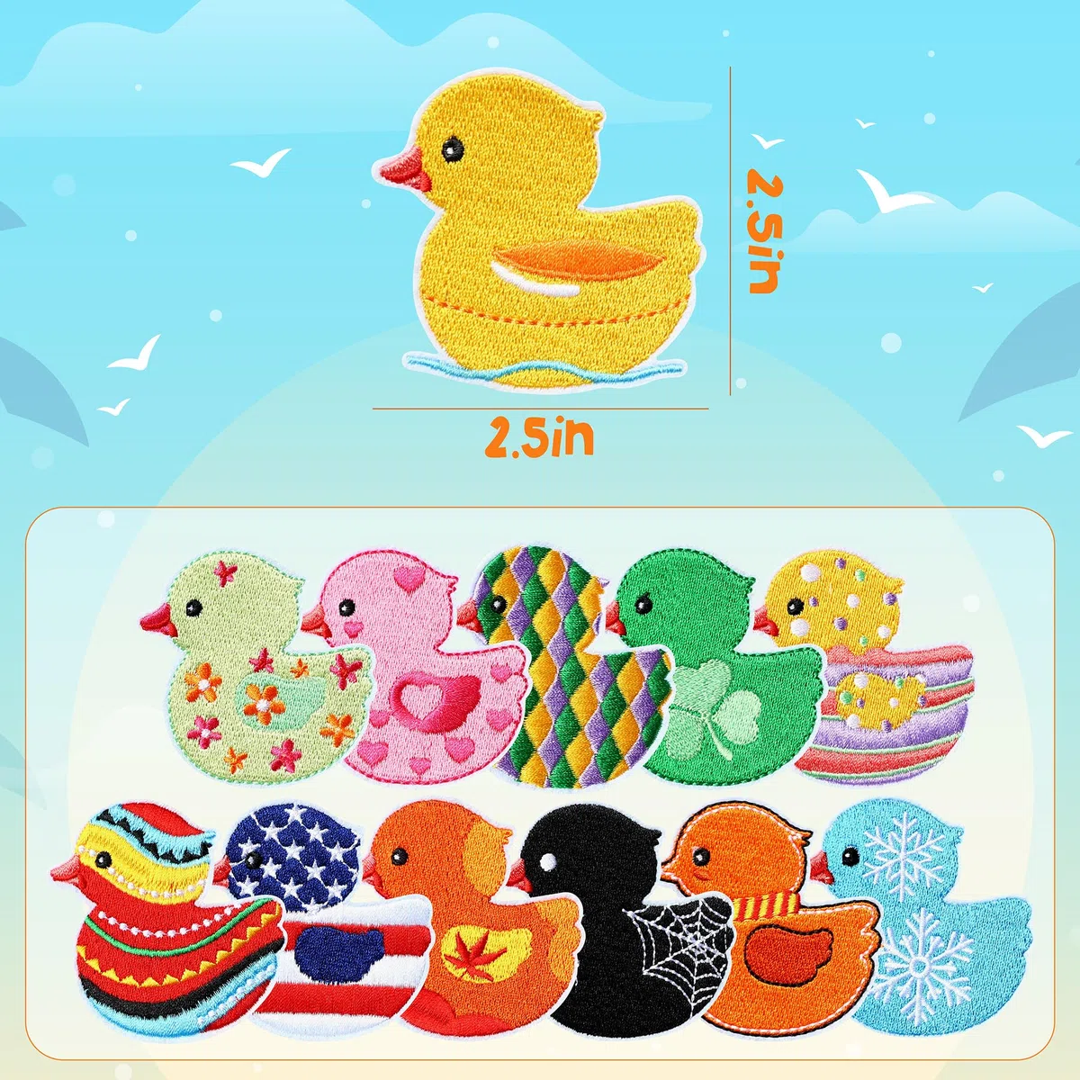 Set mit 12 Mini-Enten, saisonale Aufnäher zum Aufbügeln für Kleidung, niedliches Tier, bestickte Applikation, dekorative Stickerei, Reparatur, DIY, Bastelzubehör, Geschenke für Sommer, Herbst,