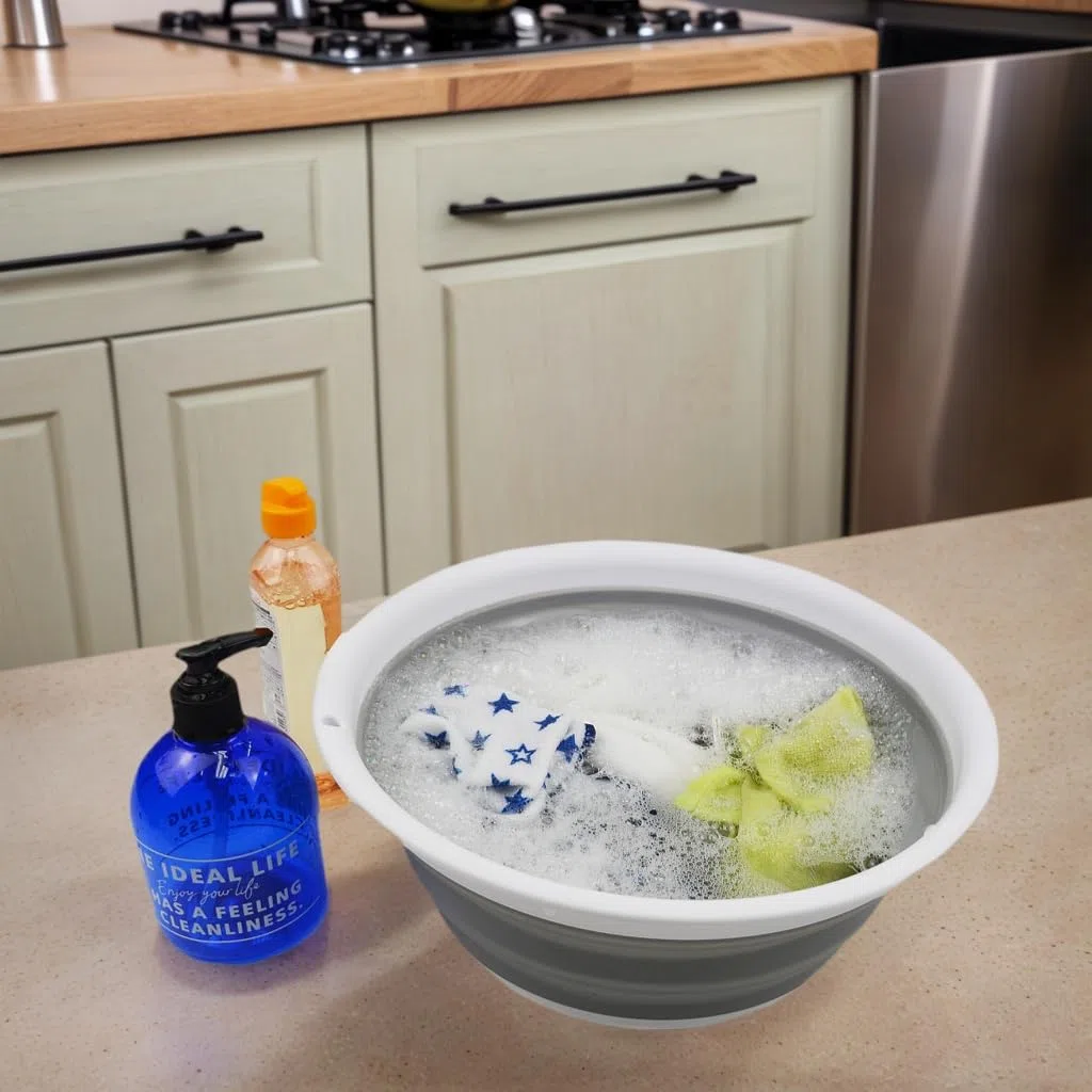 SAMMART 5,5 l zusammenklappbare Wanne – Faltbare Geschirrwanne – tragbares Waschbecken – platzsparende Kunststoff-Waschwanne (Weiß/Grau, 1)