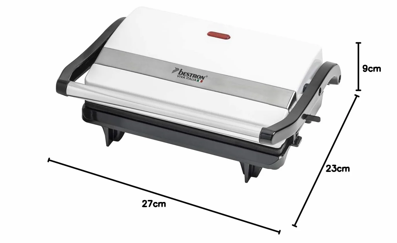 Bestron Kontaktgrill mit Auffangschale, Sandwichmaker mit Cool-Touch-Handgriff, Paninimaker mit Antihaftbeschichtung, 700 Watt, APM123W, Farbe: Weiß