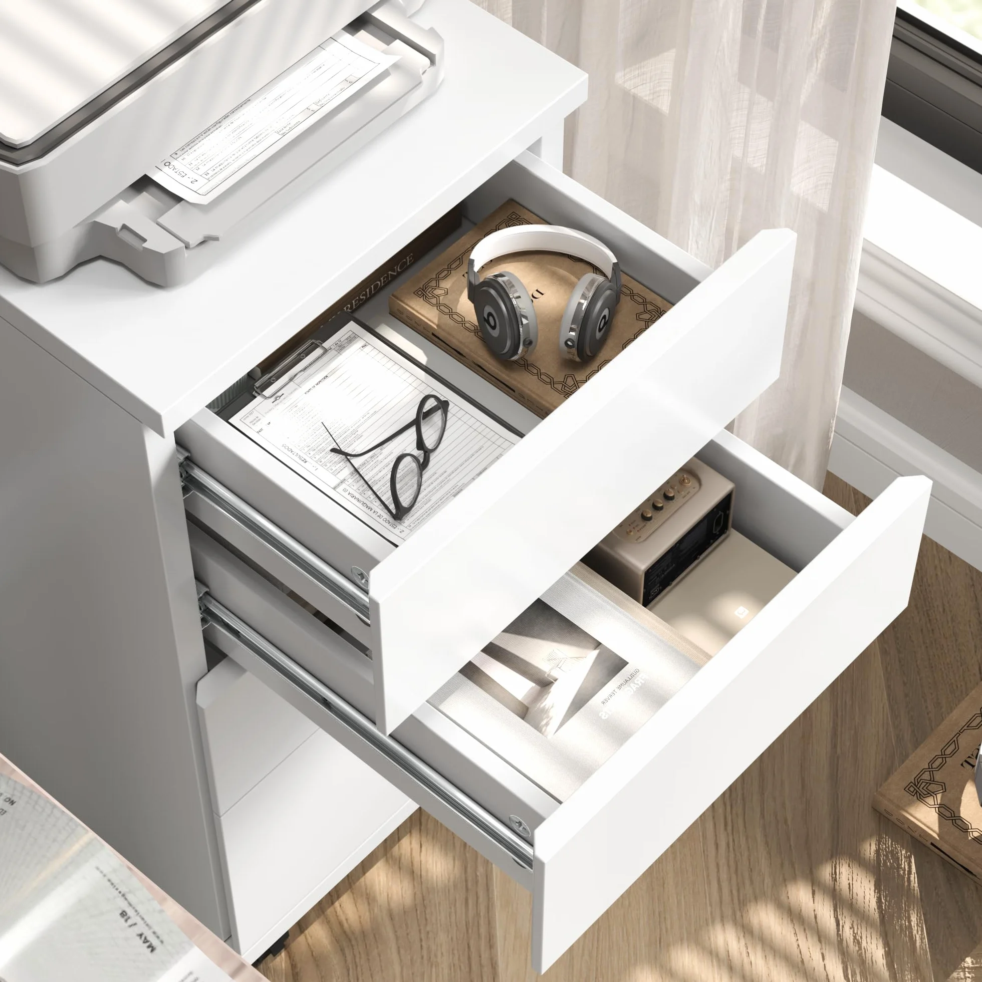 HOCSOK Rollcontainer mit Schubladen, Rollcontainer Schreibtisch mit Rollen, Büroschrank unter dem Schreibtisch für Zuhause und Büro (Weiß)