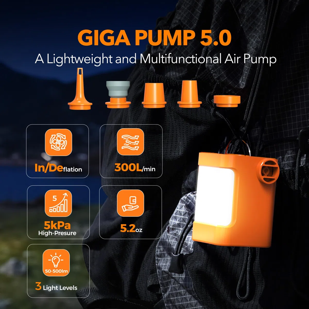 Tragbare Luftpumpe mit 3600 mAh Akku, 5 kPa GIGA Pumpe 5 Luftpumpe für aufblasbare Gegenstände, wiederaufladbare Pumpe, schnelles Aufblasen der Luft für Luftmatratze mit Campinglicht,