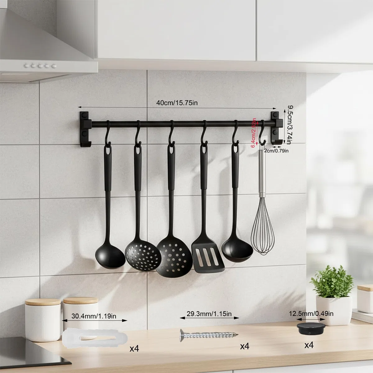 40 cm Hakenleiste Küche, Multifunktionaler Stange für Küchenutensilien, Küchenreling Schwarz mit 6 Beweglichen Haken, Küchenstange aus Aluminium, für Aufbewahrung Löffeln, Handtüchern, Scheren