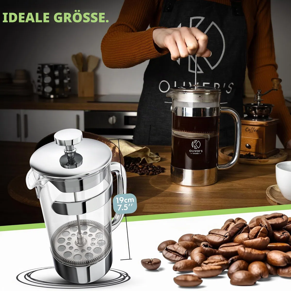 Oliver's Kitchen® French Press 1 liter - Eleganter Kaffeebereiter aus Glas - Kaffee Maschine für authentischen Kaffeegenuss - Hitzebeständig und praktisch