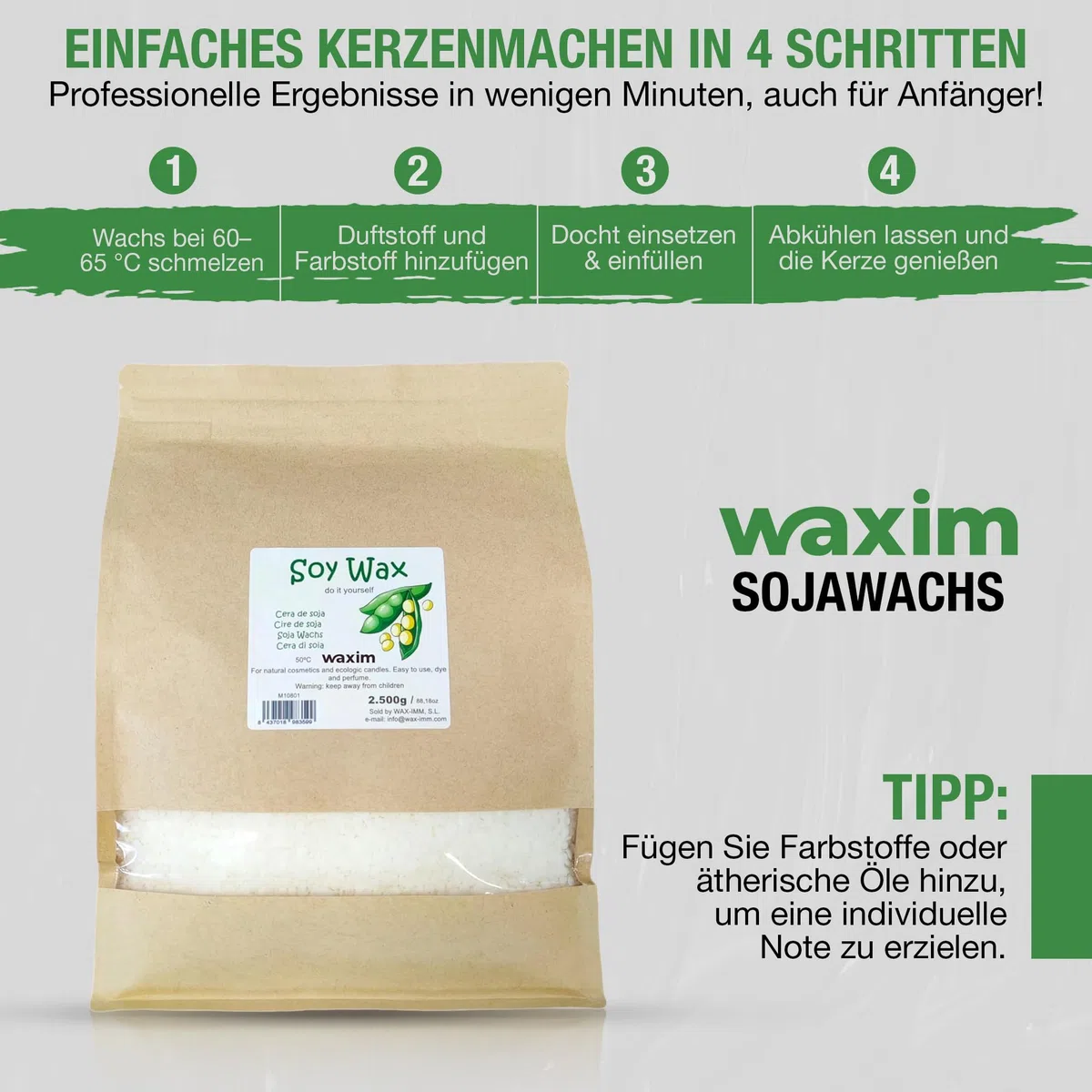 WAXIM Sojawachs Kerzenwachs zum Gießen | Wachs für Kerzen selber machen in Perlen 2.500 g | Kerzenwachs Granulat | Pflanzliche Basis für Behälter | Gleichmäßiges Schmelzen und Saubere Verbrennung
