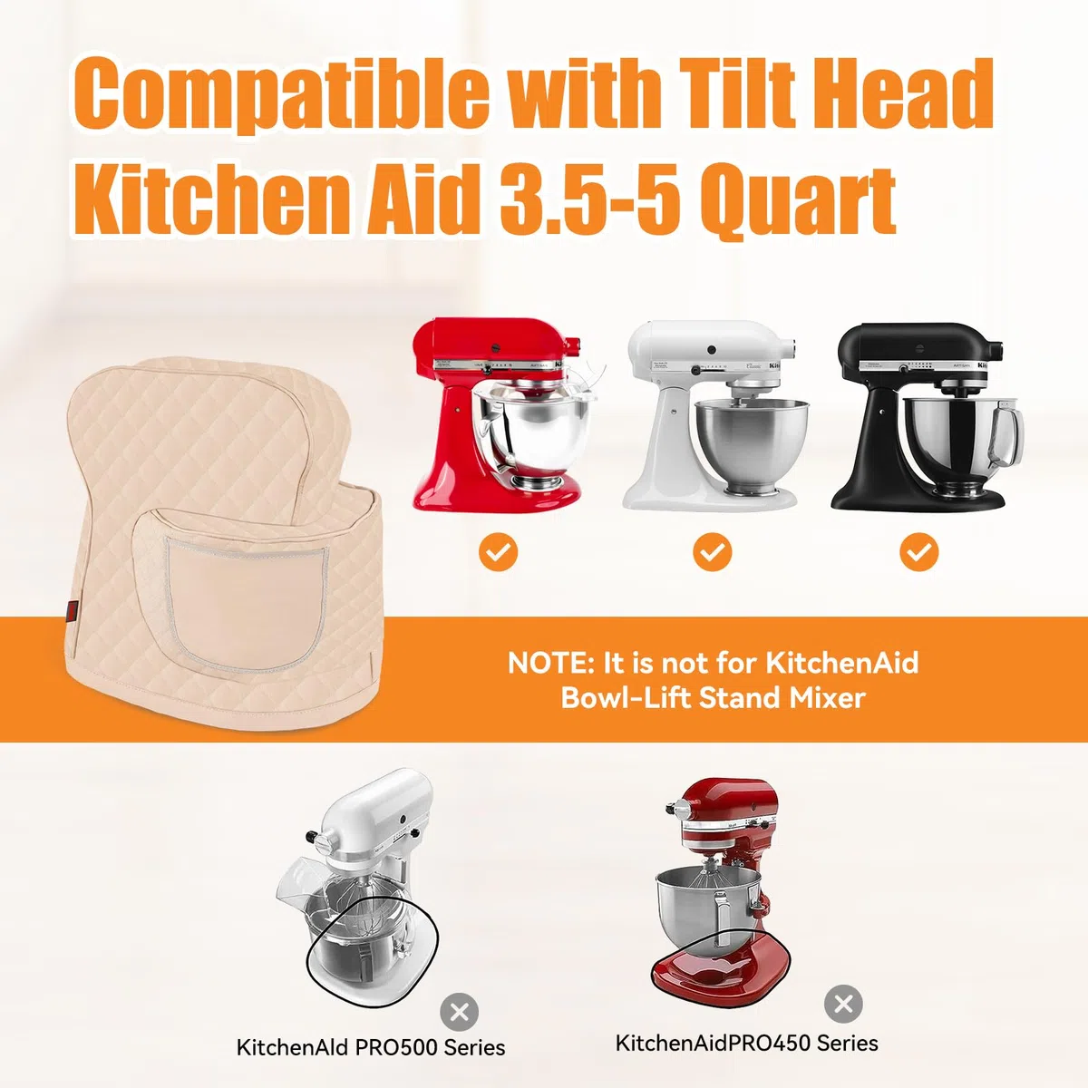 Abdeckung für Standmixer, Kompatibel mit dem Kitchen Aid Mixer mit Kippkopf und Aufbewahrungsbeutel (Weiß)