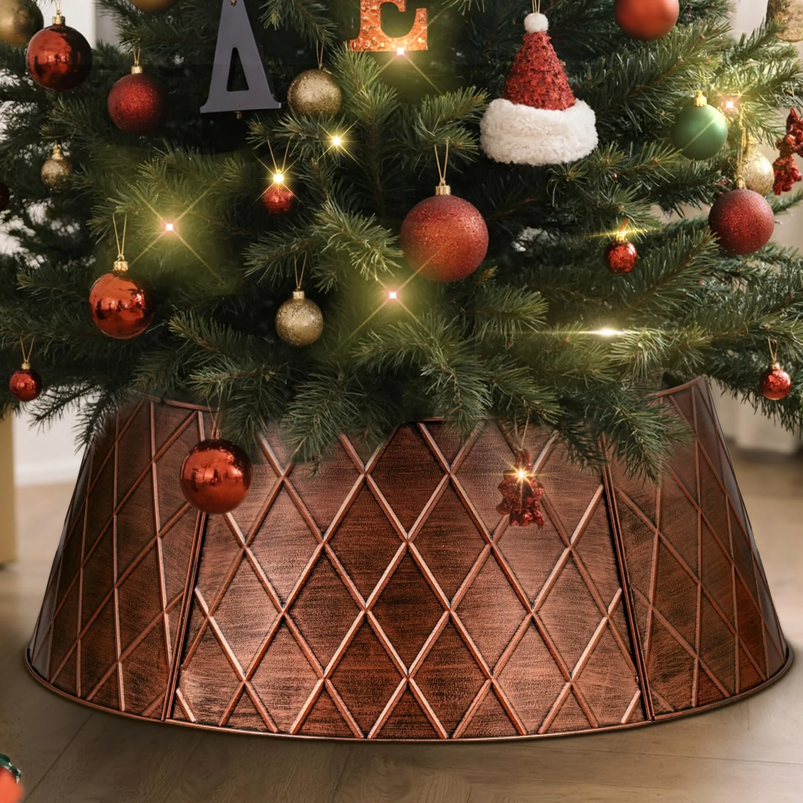 Lanpn Metall Weihnachtsbaum Kragen 50cm, Weihnachtsbaum Halsband Christmas Tree Collar Für Klein Mini S Wetterfest Für Kunstbäume Innen Außen - Weihnachtsdekoration (Kupfer, Raute)