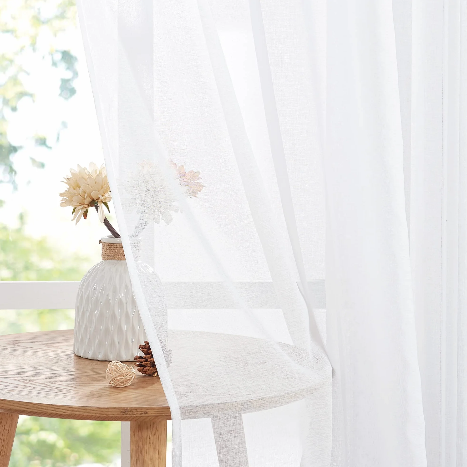 PONY DANCE Weiße Gardinen mit Kräuselband für Schienensystem 2er Set H 245 x B 140 cm Leinenoptik Gardine Transparent Vorhänge Durchlässig Sheer Curtains