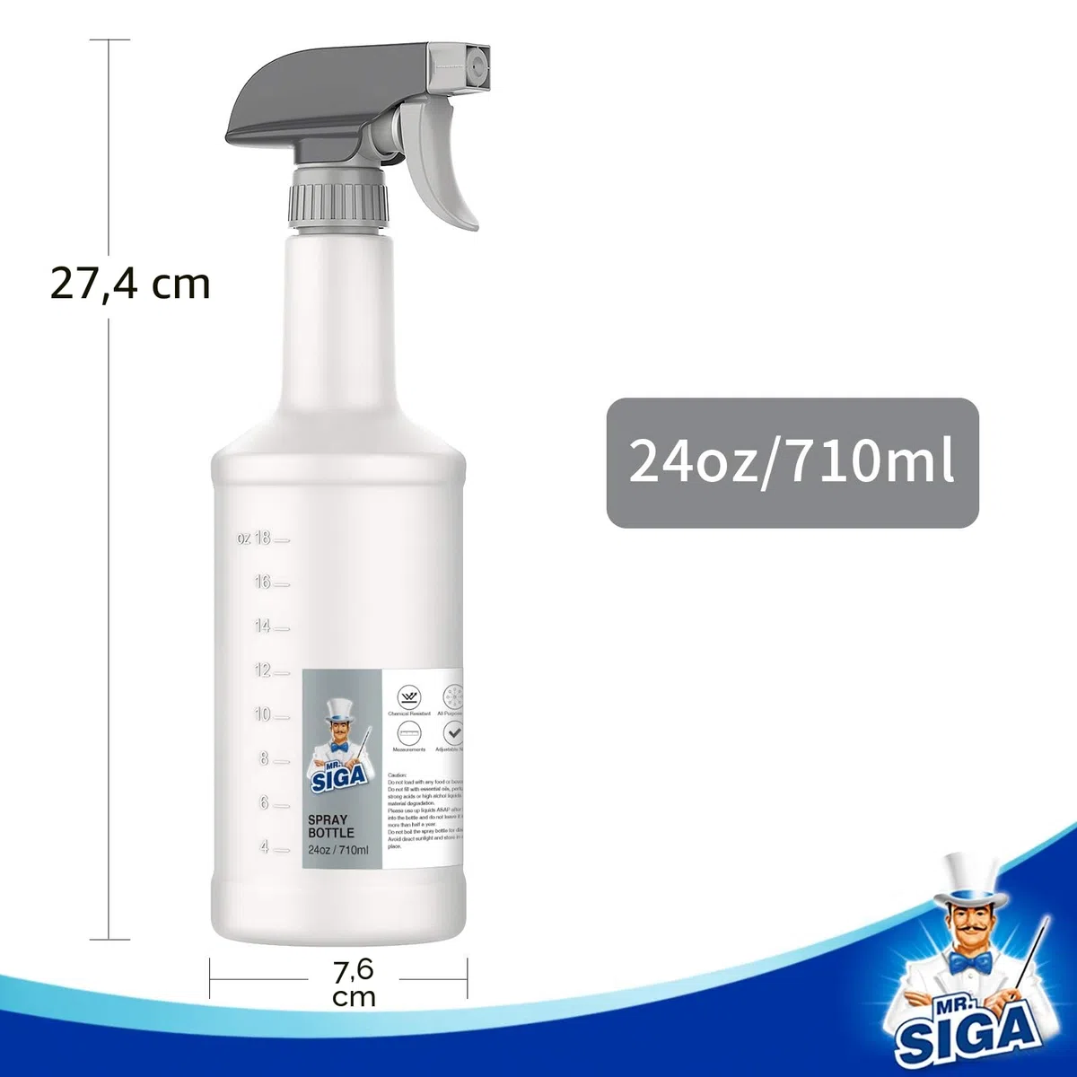MR.SIGA 710 ml leere Kunststoff-Sprühflaschen für Reinigungsmittel, strapazierfähige, wiederverwendbare Sprühflaschen für den Haushalt mit Maßangaben und einstellbarer, auslaufsicherer Düse, 3er-Pack