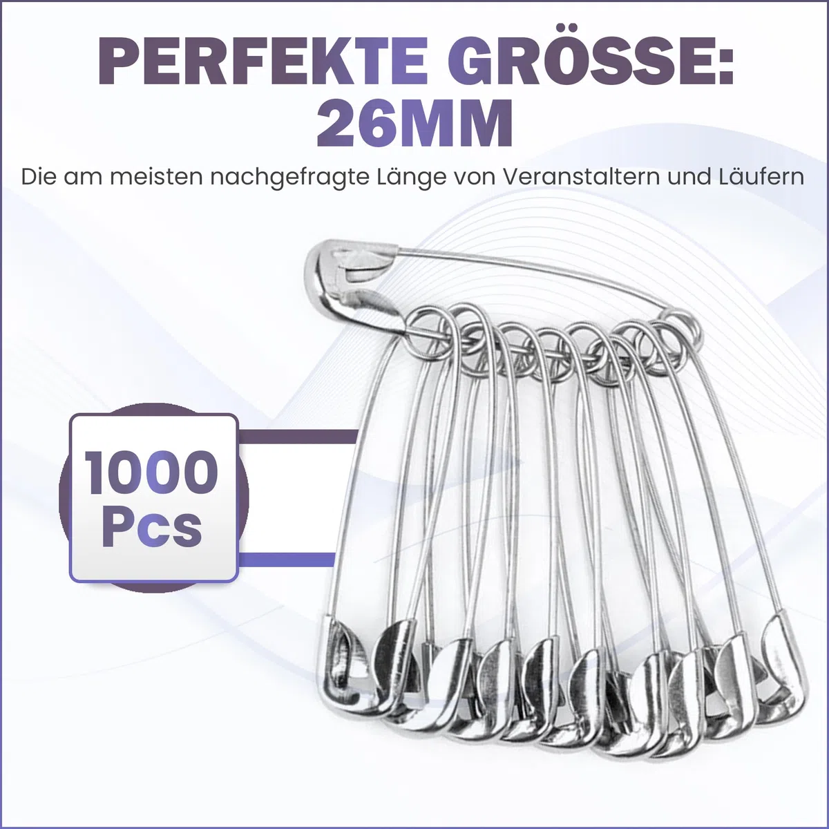 Box mit 1.000 Sicherheitsnadeln für Startnummern 26mm nickelfrei. Mittlere Größe, ideal für Veranstalter von Lauf- und Ultra-Trail-Rennen. Für Sport-Events