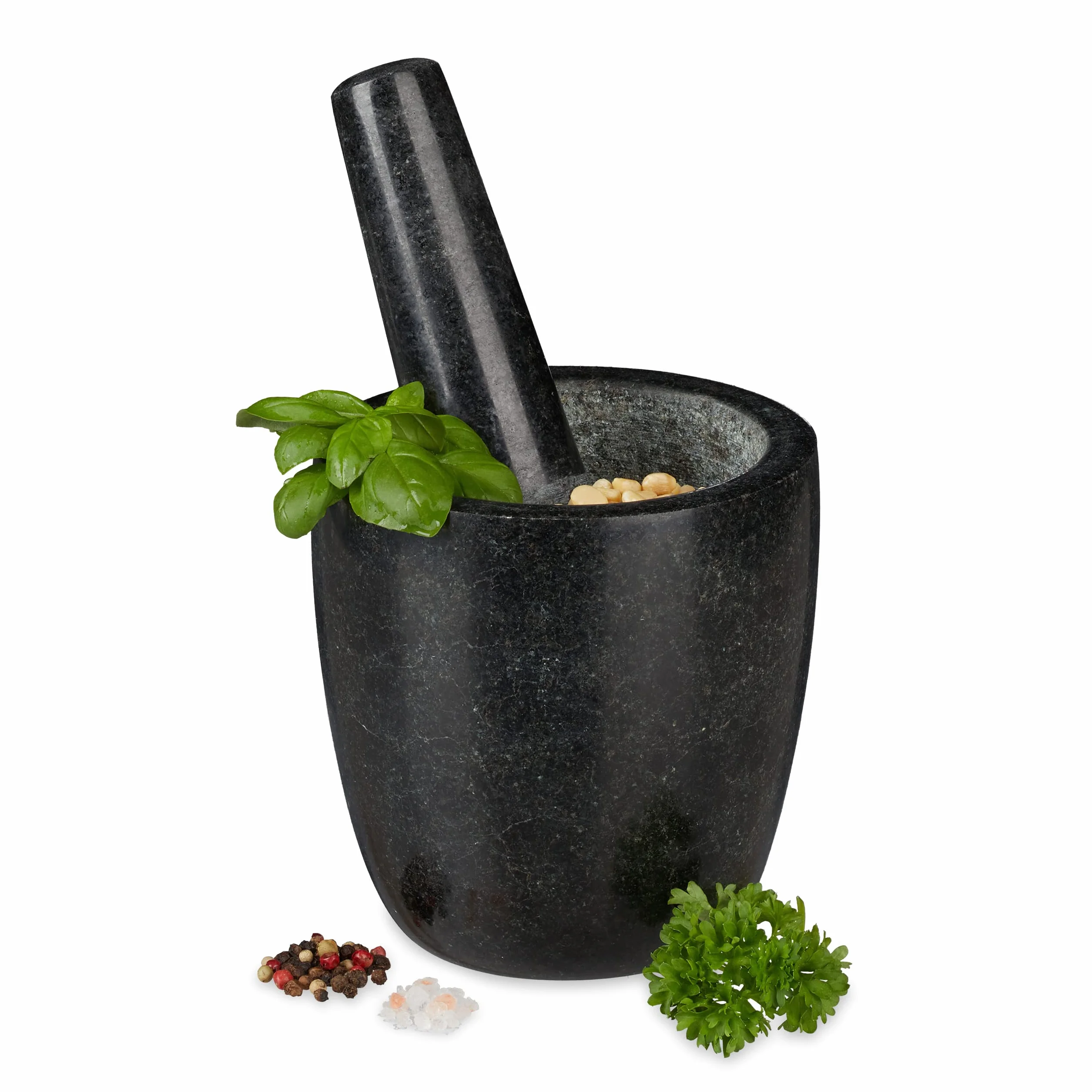 Relaxdays Granit Mörser mit Stößel, robust & langlebig, Gewürze, Kräuter, polierter Steinmörser, Ø 13 cm, 500ml, schwarz