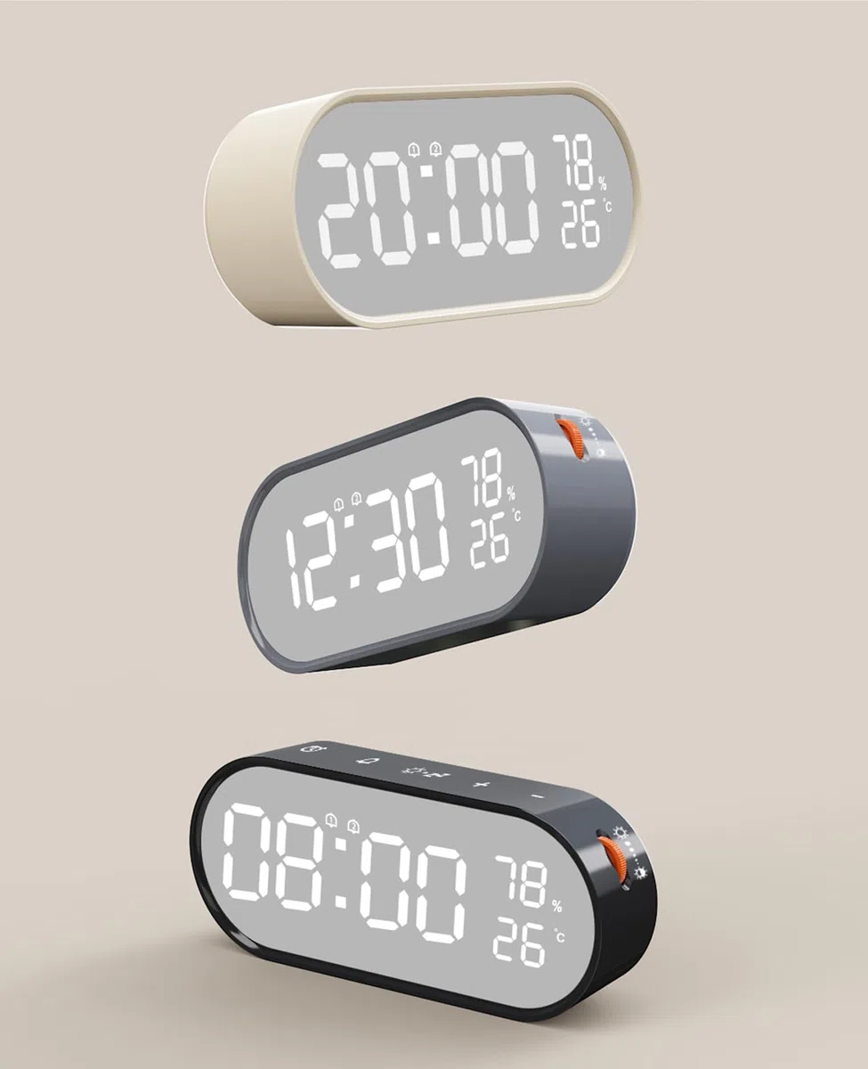 Digitaler Wecker mit LED Display, Touch Tasten, USB-Stromversorgung, Doppelalarm, Temperatur/Feuchtigkeitsanzeige, Helligkeitsregelung, Batteriebetrieben, Nachtlicht, Umweltdaten Beige