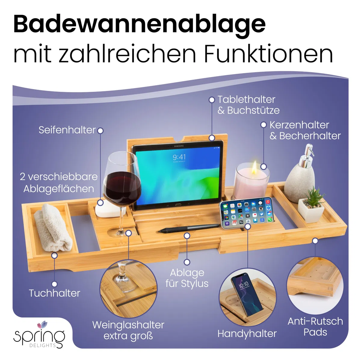 Badewannen-Set: Luxus Bambus Badewannenablage & Ergonomisches Badewannenkissen - Weinglashalter, Tablethalter, Handyhalter & Extra Große Saugnäpfe - Dein Ultimatives Spa-Erlebnis