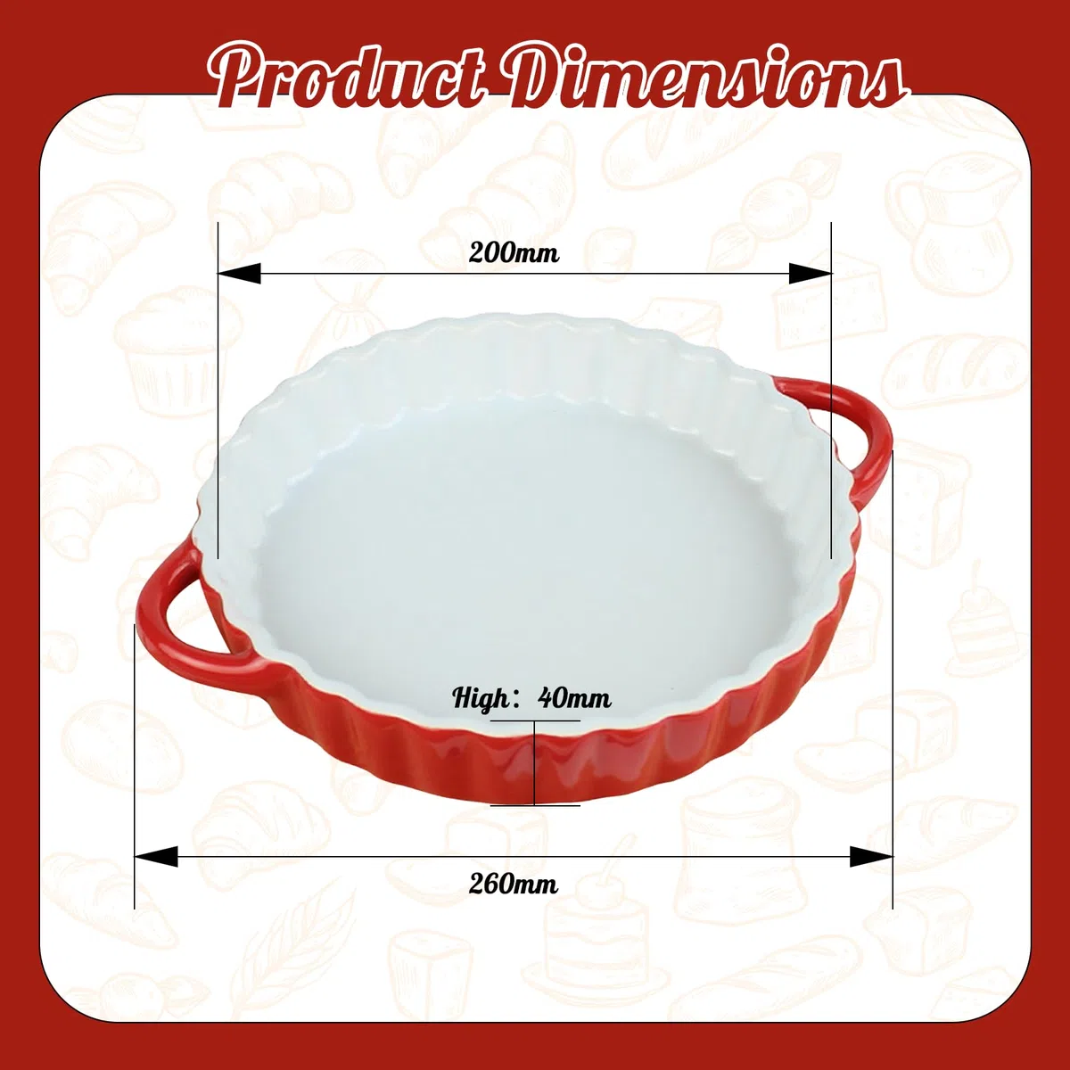 Tiefe Keramik-Kuchenform mit Griffen,Runde Tarteform aus Keramik,Quicheform,26 x 20 x 4cm Auflaufform Rund,Kratz- und Schnittfest Ideal für Pie Backen Quiche Pizza Muffin