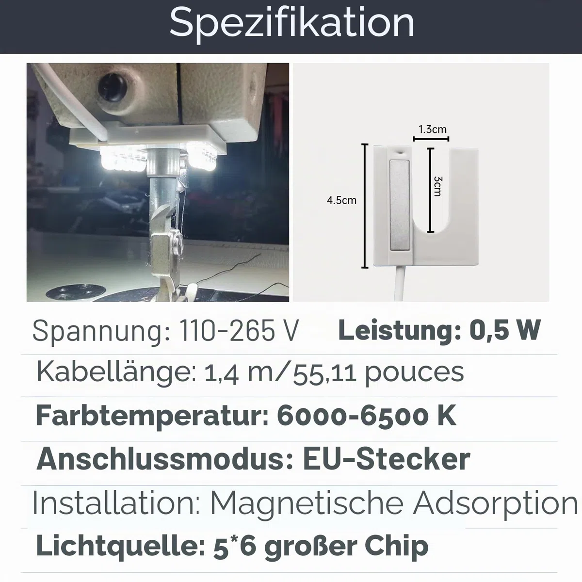 Nähmaschinenlicht, LED-Licht Flexible Schwanenhalslampe mit magnetischer Befestigungsbasis für Handwerk, Nähmaschine 110-265V EU-Stecker