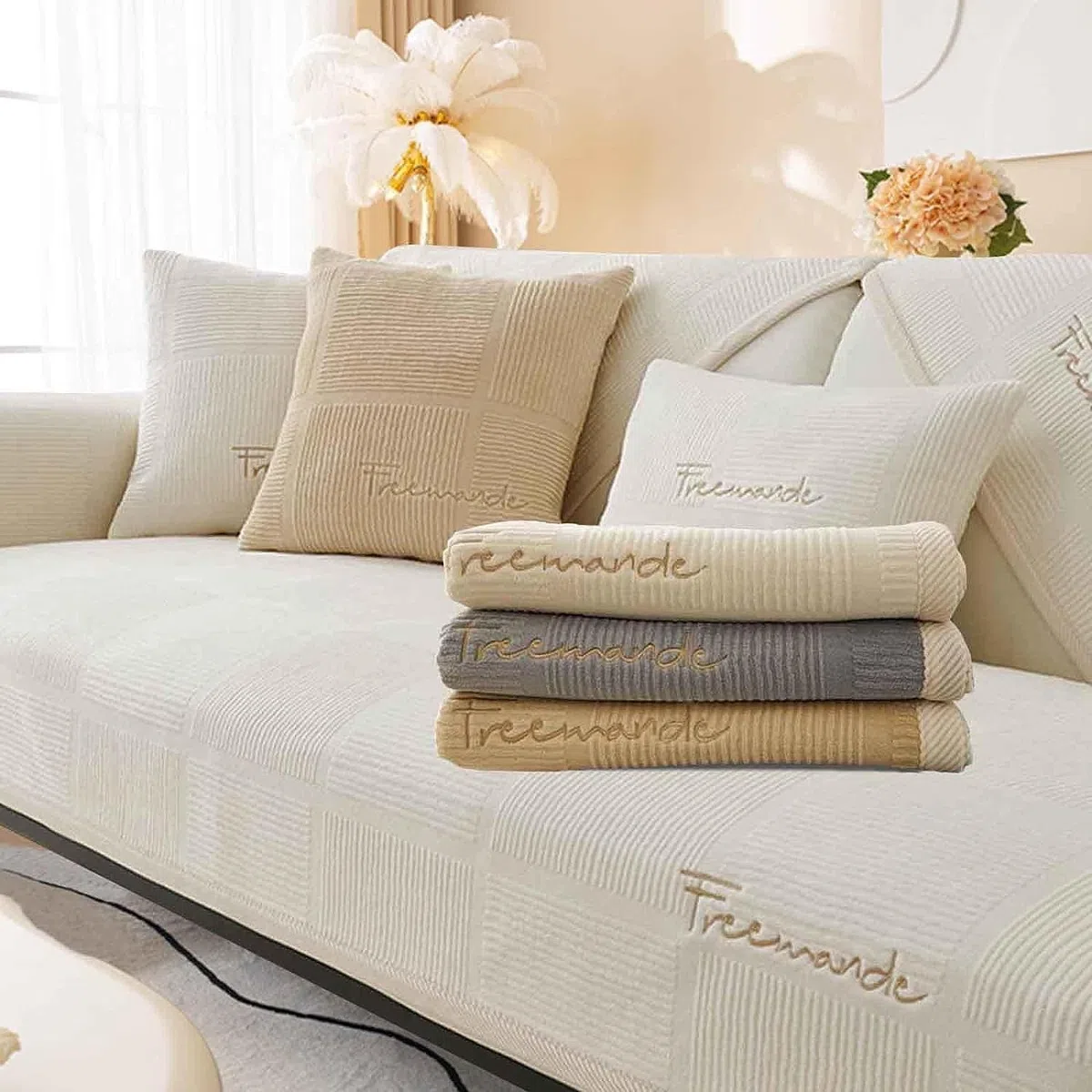 LINGKY Couch Überzug, Sofa Überzug 1/2/3/4 Sitzer L Form Sofa Cover Sofabezug Ecksofa, Sofadecken Für Sitzfläche, Sofaschoner rutschfest, Universelle Sofa Überwurf (Creme,70x120cm/Rechteckig)