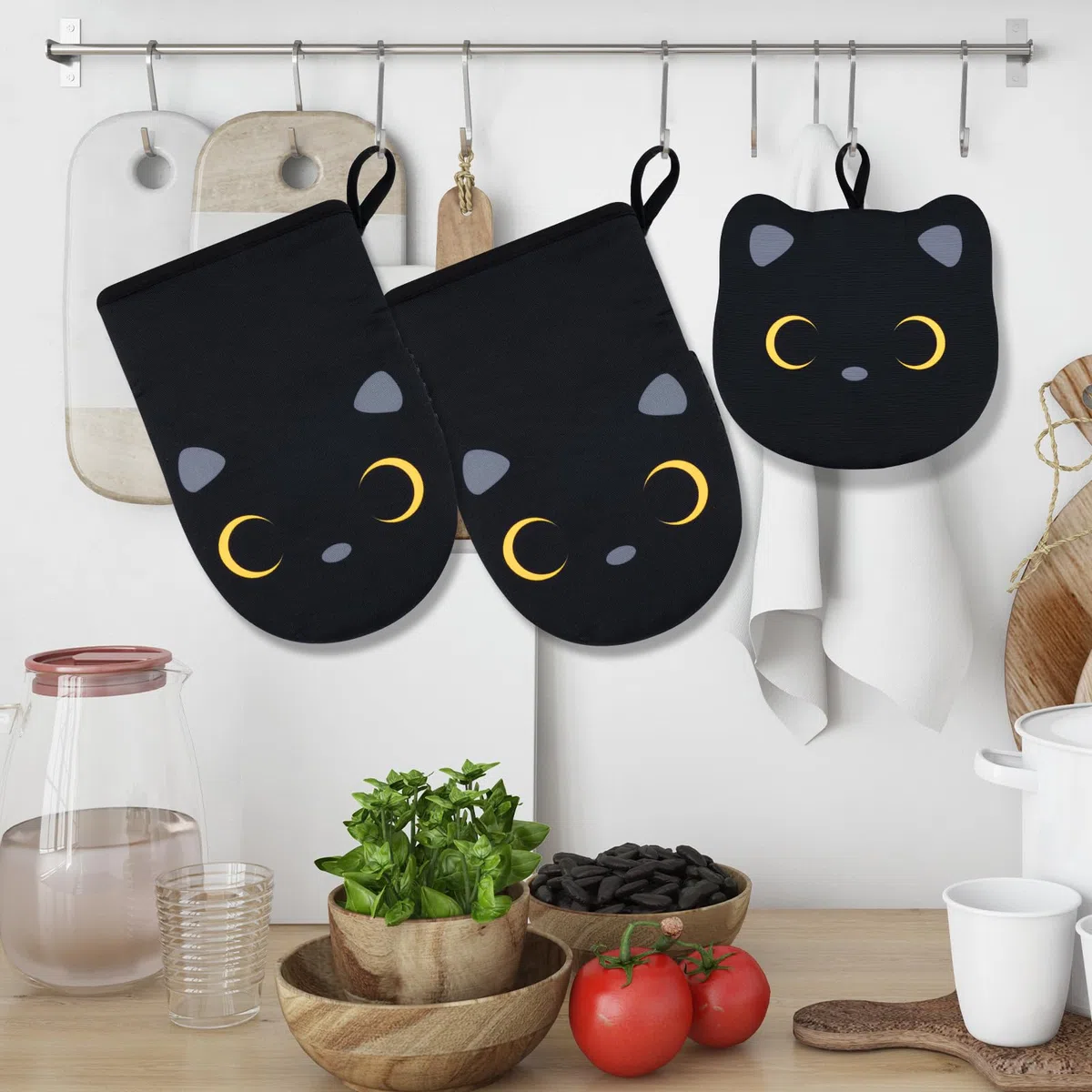 Ofenhandschuhe,Schwarze Katze Kochhandschuhe,Niedlich Kurz Küchenhandschuhe mit 1 Pcs Topflappen, Weich Schwarze Katzes Topflappen Handschuh Set für Backen Mikrowelle,22 X 14 cm