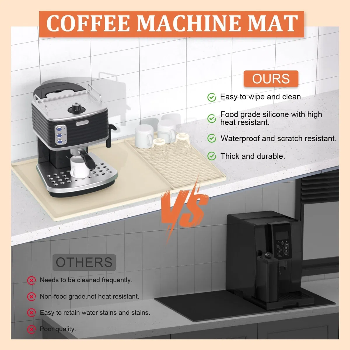 Silikon-Kaffeemaschinenmatte – 2-in-1 große Kaffeematte, rutschfestes Design mit gewölbter Kante, 40 x 60 cm faltbare rutschfeste Trockenmatte für Küchentisch und Barista