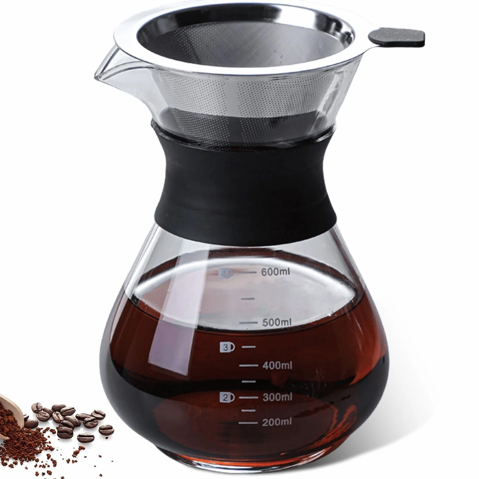 Pour Over Kaffeebereiter, 600ml Kaffeebrüher für Filterkaffee, Hand Kaffee Edelstahl Handfilter Aus Glas Mit Permanentfilter, Kaffeedrip-Brauer, Für Zuhause, Café, Restaurant und Camping, Schwarz