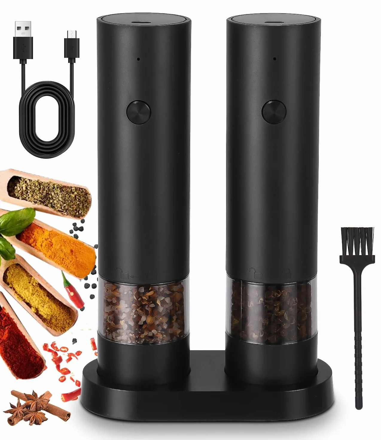 2er Set Salz und Pfeffer Mühle Elektrisch Salz und Pfeffermühlen Set Automatische Pfeffermühle, Einstellbarer Grobheit Gewürzmühle, mit Reinigungsbürste, Basis, für BBQ Restaurant Küche