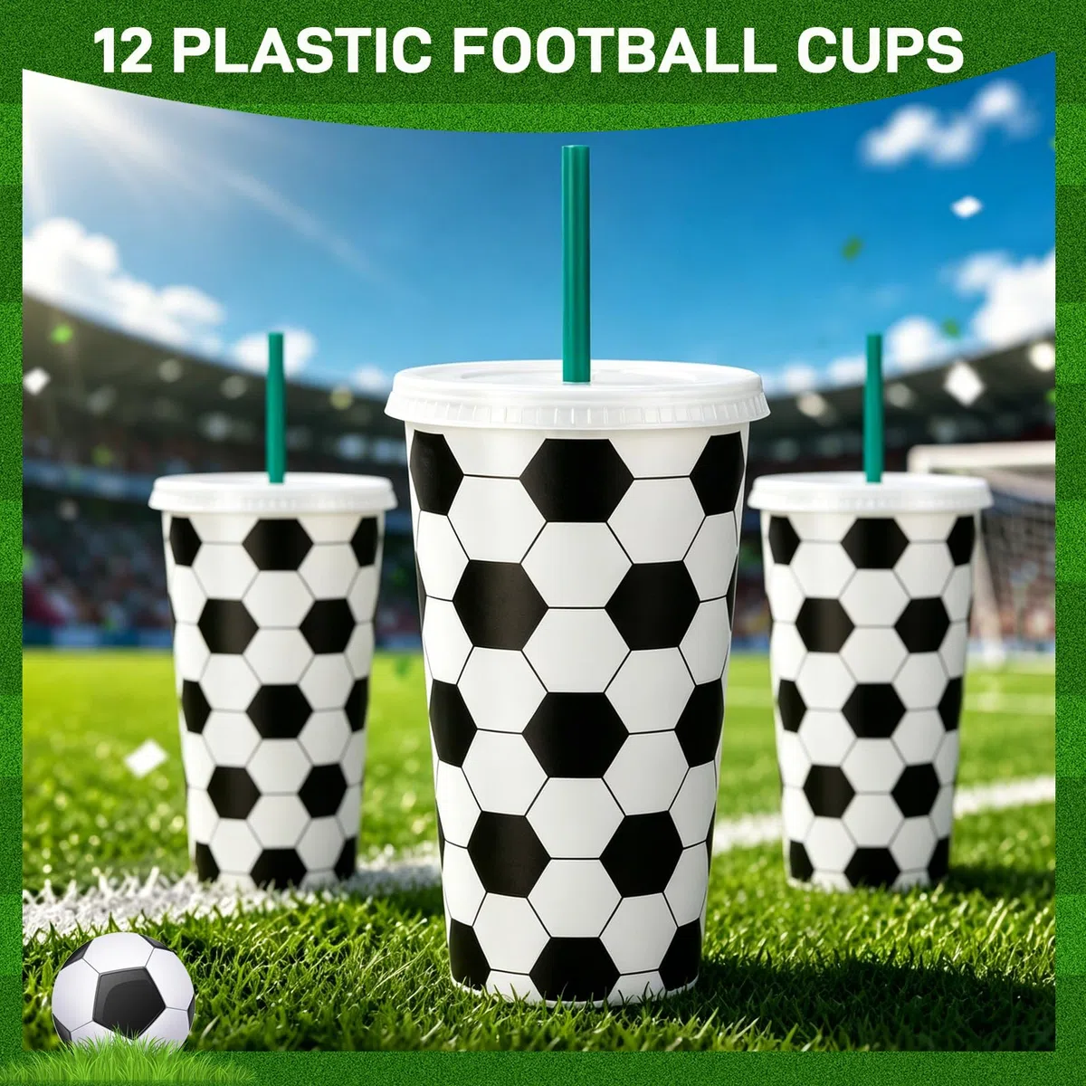 MeYuxg 12er-Set Fußball Becher, 701ML Fußball Tasse mit Deckel und Strohhalm Wiederverwendbare Schwarz-Weiß, für Bier, Water und Getränke, Fussball Sportball Party Tumbler
