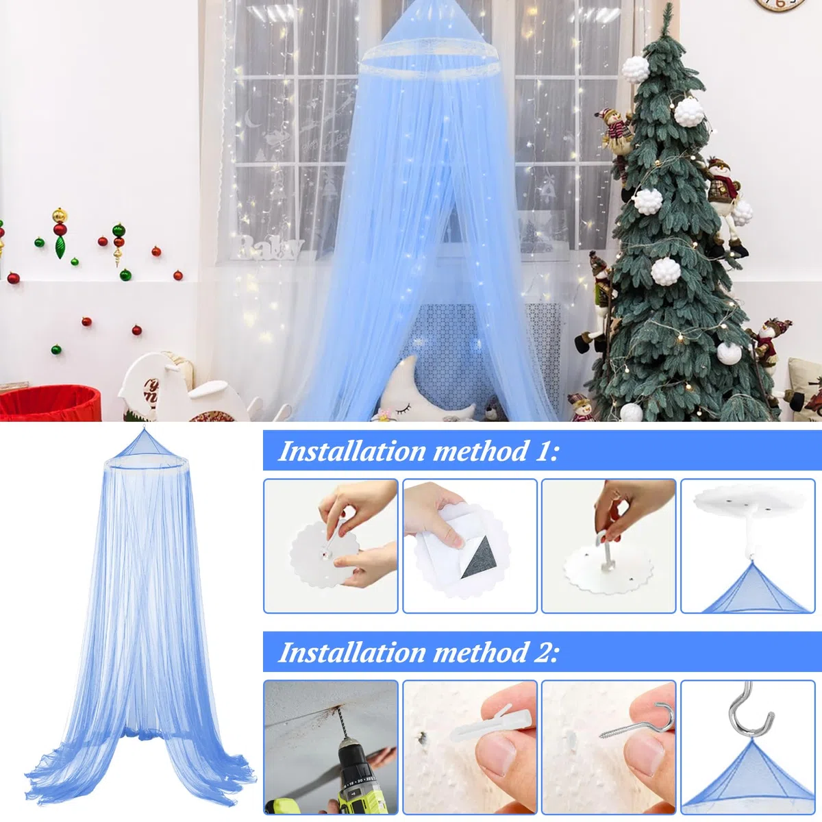 Simsky Zweifarbiges Prinzessin Bett Baldachin Moskitonetz, Blau, Mädchen Betthimmel, Kinderzimmer Dekoration