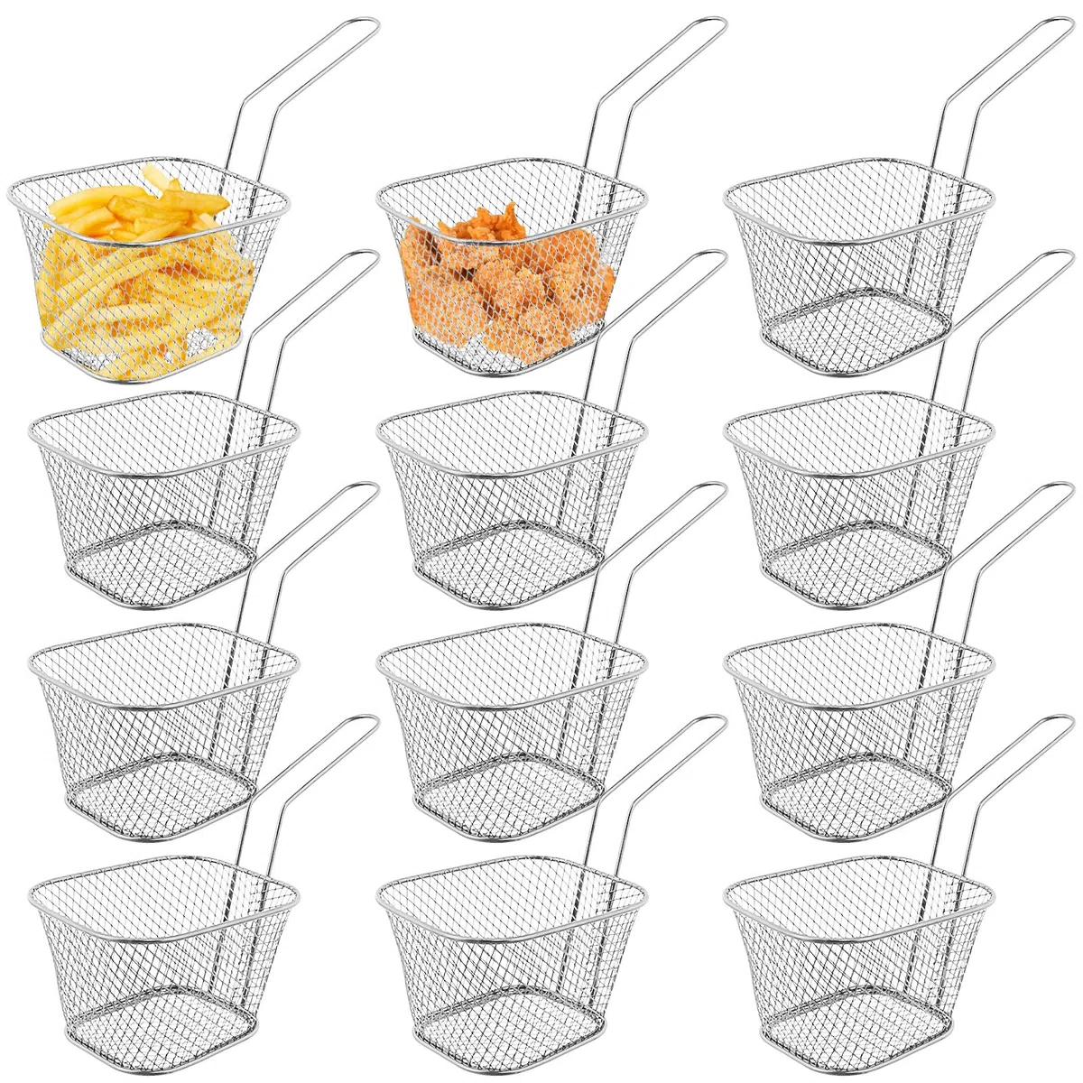 12 Stück Pommes Körbchen, Frittierkorb Silber Friteusenkorb zum Servieren, Klein Edelstahl Pommes Korb mit Griff, Servierkörbchen für Pommes Frites Garnelen Zwiebelringen