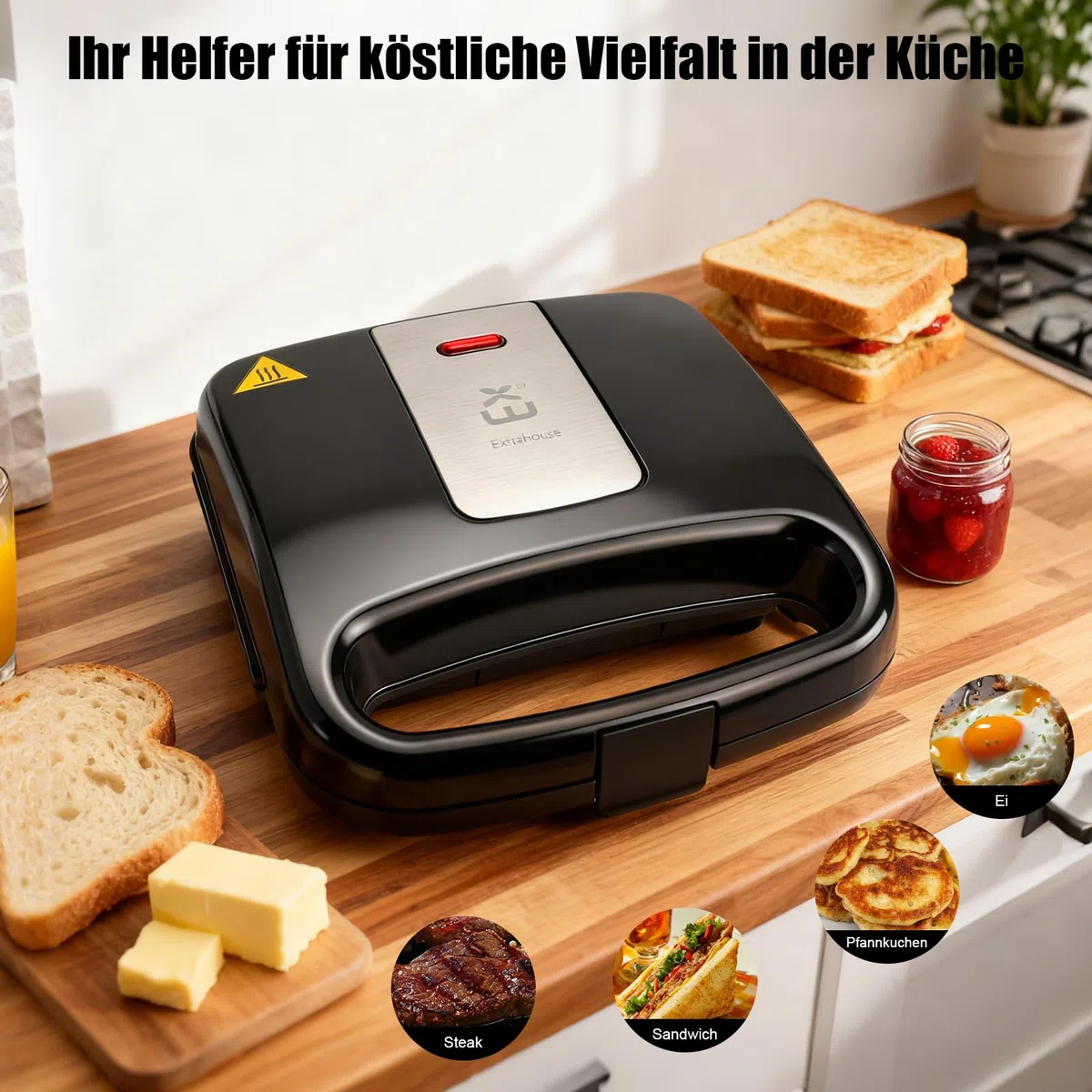 Sandwichmaker, 750W Sandwichtoaster, Antihaft-Beschichtung, Aufwärm-Anzeige, Cool Touch Gehäuse, Ideal für Sandwiches, Pancakes, Omeletts & Steaks