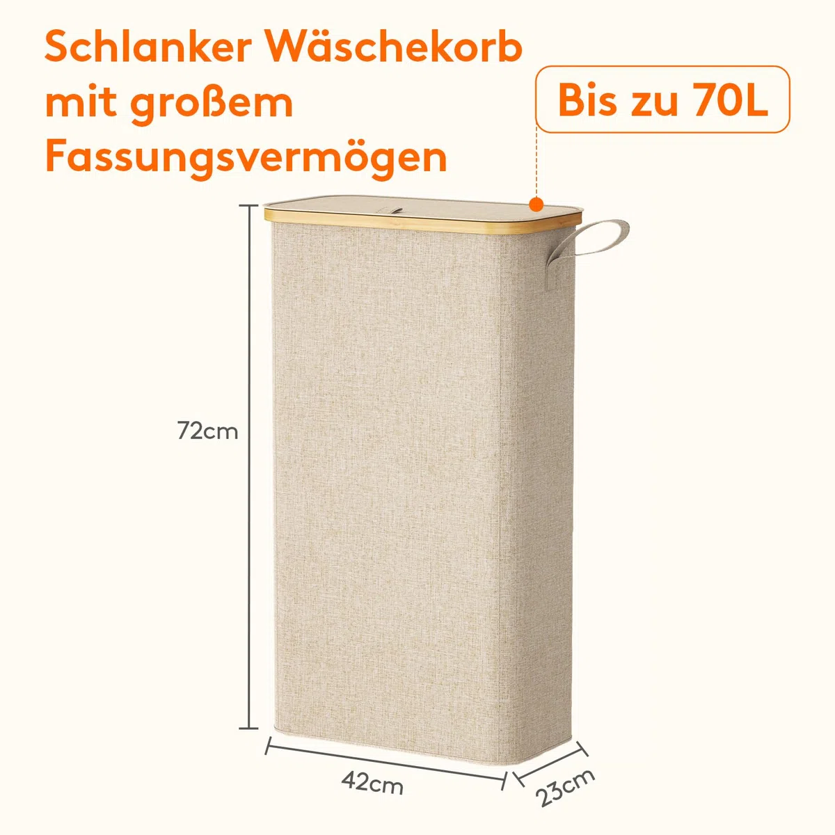 Lifewit 70L Wäschekorb Schmal mit Deckel, Faltbarer Wäschesammler Schmal mit Wäschesack, Laundry Basket Wäscheboxen aus Bambus mit Tragegriff für Apartment, Wohnheim und Wohnwagen, Beige