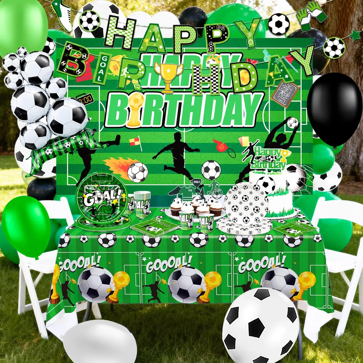 Fussball Deko Geburtstag,137 Stück Fußball Partygeschirr Set Party Pappteller Tasse Tischdecke Luftballon Banner etc Fußball Deko Geburtstag