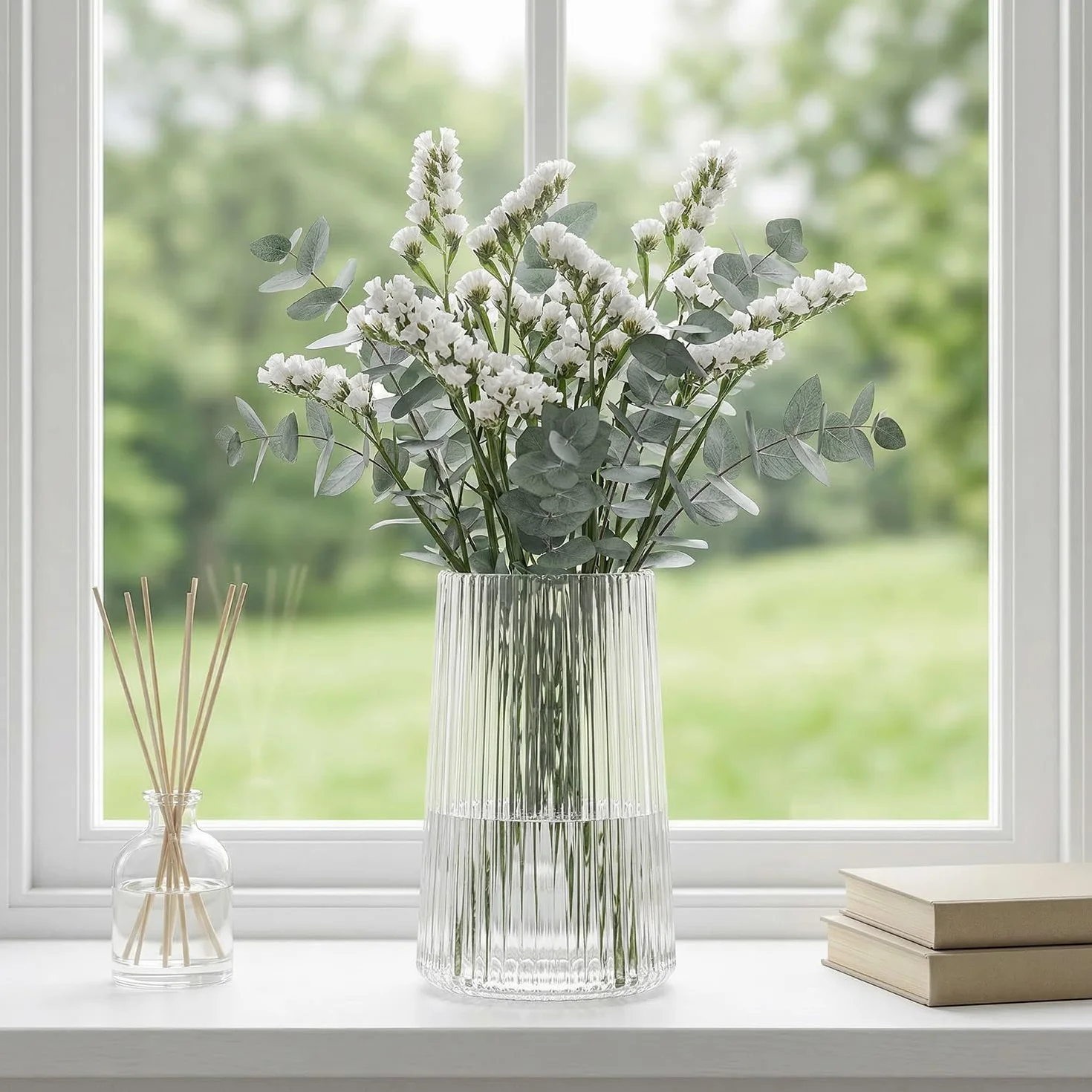 Klarglas-Vase für Blumen, Glasblumen-Vase, Blumenvasen für Bouquet, moderne gerippte Vasen für Wohnzimmer, Esszimmer, Kaffeetisch, Büro, Hochzeit, 20CM
