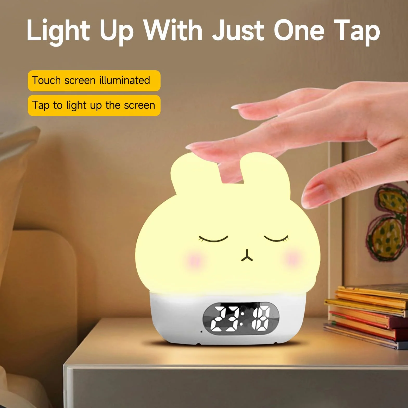 Cuteefun Digitaler Wecker mit Licht, Bunny Nachtlichter für Kinder, Wiederaufladbare Wecker Digital, Dual Alarme, Snooze, 9 Farbmodi, Berührungssensor Nachtlicht Dimmbar für Raumdekoration