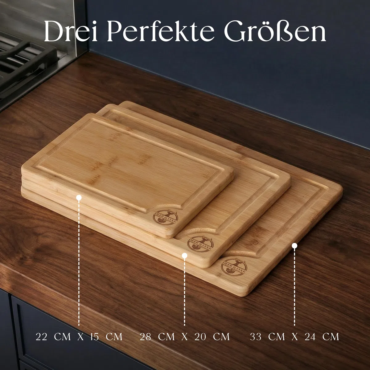 Deer & Oak Schneidebrett Holz Set 3-teiliges Vorgeölt Bambus Schneidebrett mit Griff & Saftrille, Küchenbrett, Schneidebretter Holz, Schneidbrett, Holzbrett Küche