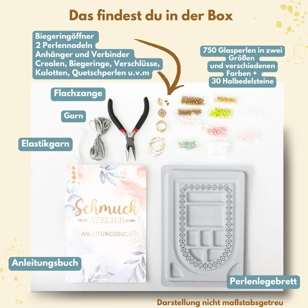 TOPP Die wunderbare Kreativbox Schmuckatelier. Anleitungsbuch (32 S.), Flachzange, Biegeringöffner, Perlennadeln, Perlenlegebrett, über 800 Perlen und Schmuckaccessoires, White