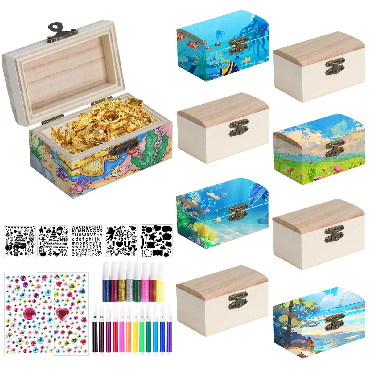 9 Stücke Mini Schatztruhe,DIY Kleine Holzkiste mit Deckel,kleine Holz-Schatzkisten Schatzkiste Kindergeburtstag mit Diamantaufkleber für Bemalen und Basteln Piratenparty Geburtstags (9 Stücke)