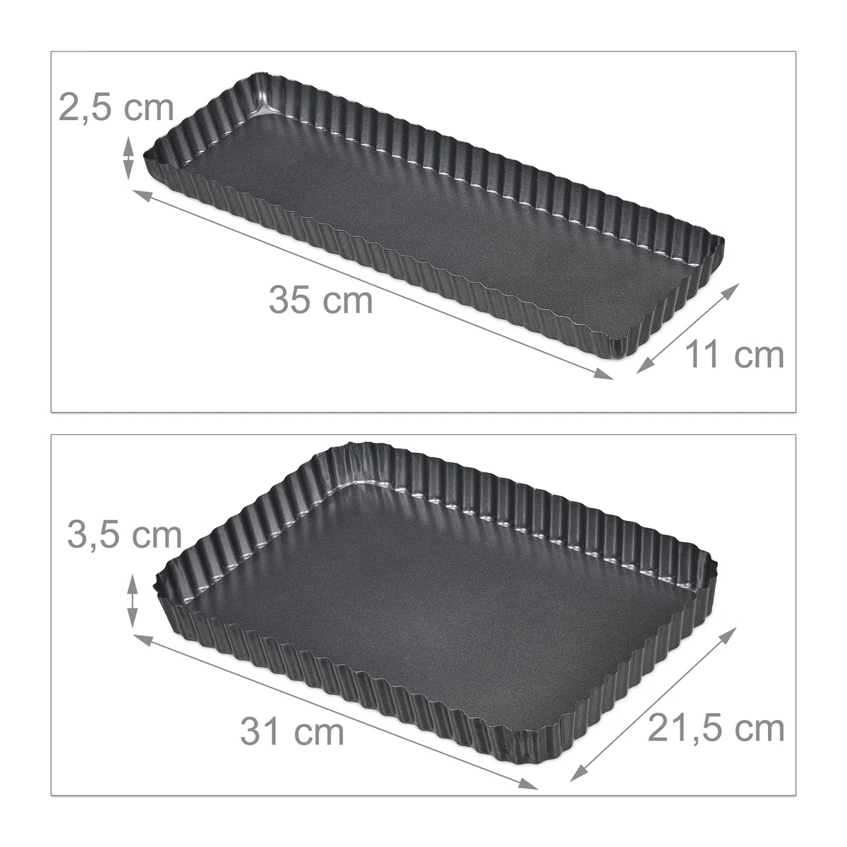 Relaxdays Tarteform, 2er Set, mit Hebeboden, antihaftbeschichtet, 2 Größen, rechteckig & länglich, Quicheform, anthrazit