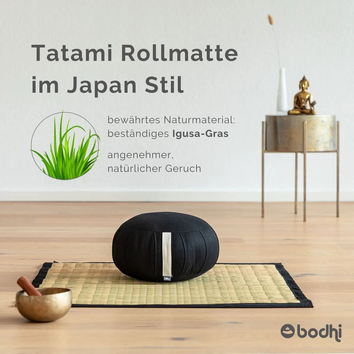 Bodhi Tatami Rollmatte | Japan-Stil | Nachhaltige Goza Matte aus haltbarem Igusa-Gras | Mit Baumwollkante umsäumt | Sitz & Liegeunterlage | Ideal als Futon, Shiatsu & Zabuton Unterlage | 80 x 80 cm