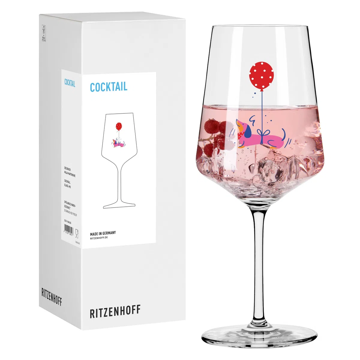 RITZENHOFF 8106005 Cocktail-Glas 500 ml, Serie Tierisch glücklich, Motiv Dackel mit Ballon, pink - Made in Germany