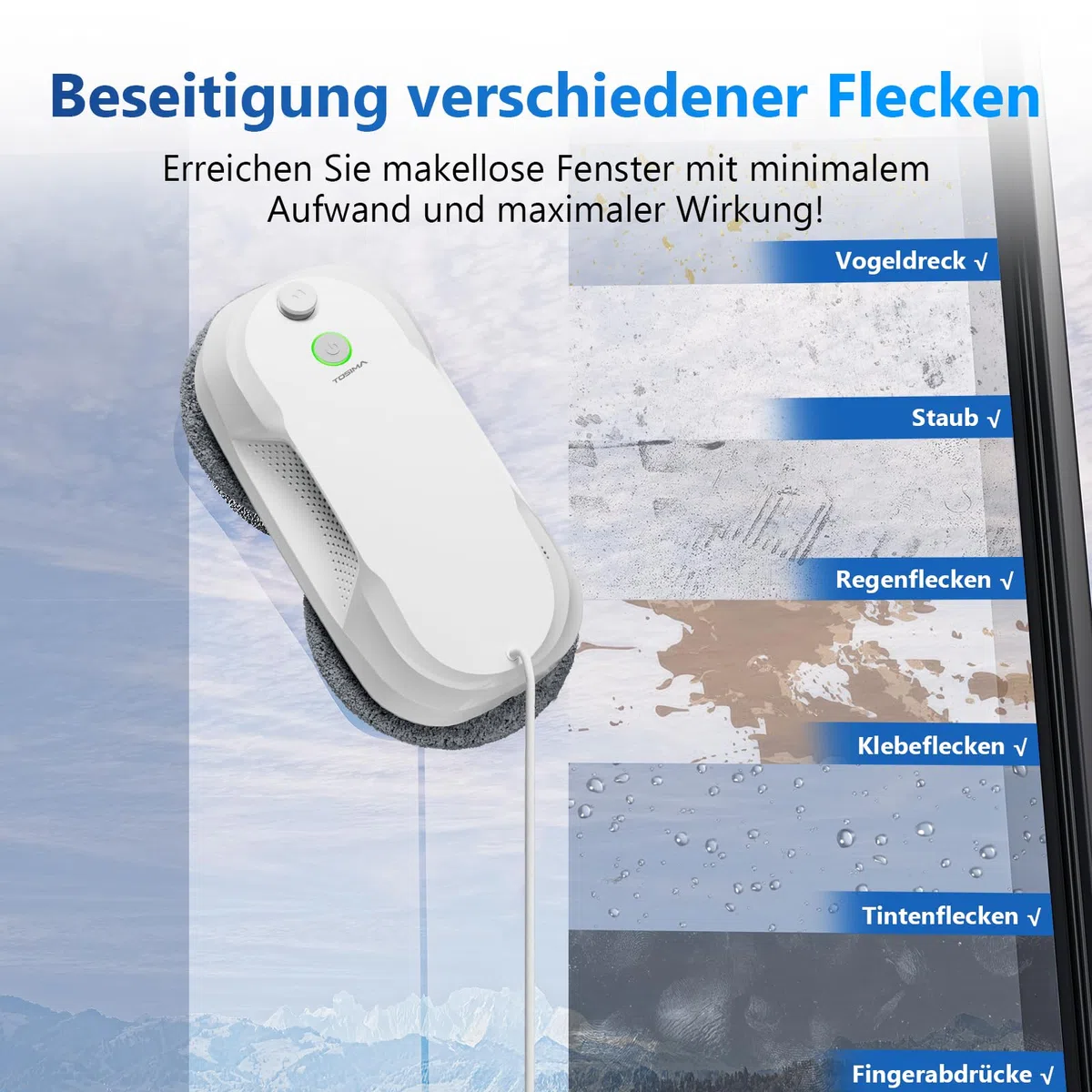 Tosima W5 Fensterputzroboter mit bidirektionalem Ultraschall-Nebelsprühfunktion, 6400Pa adaptiver Saugkraft und intelligenter Kantenerkennung für gründliche Fensterreinigung, 2026 verbesserte Version
