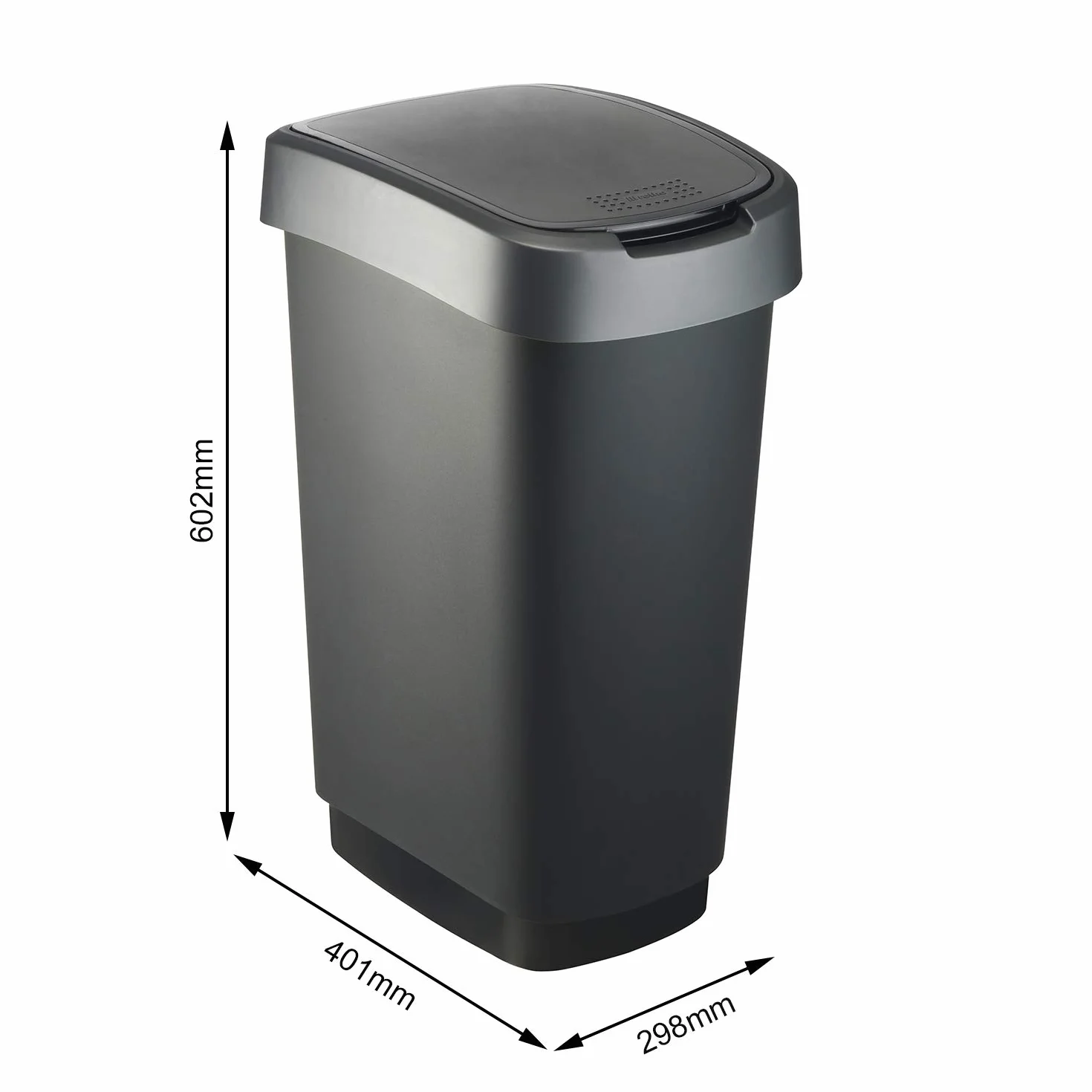 Rotho Twist Mülleimer mit Deckel 50l | Abfalleimer Küche und Recycling Center | mit Schwingdeckel und Klappdeckel | schmal & platzsparend | leicht zu reinigen | silber