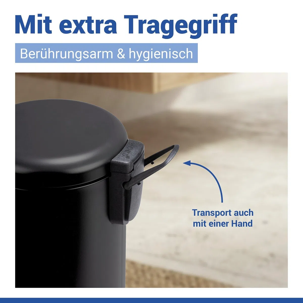 WENKO Kosmetikeimer 5 Liter, Stahl, herausnehmbarer Inneneimer mit Müllbeutelhalter, Mülleimer fürs Bad mit Deckel und Tretfunktion, ausklappbarer Tragegriff, Schwarz matt, Mod. Leman