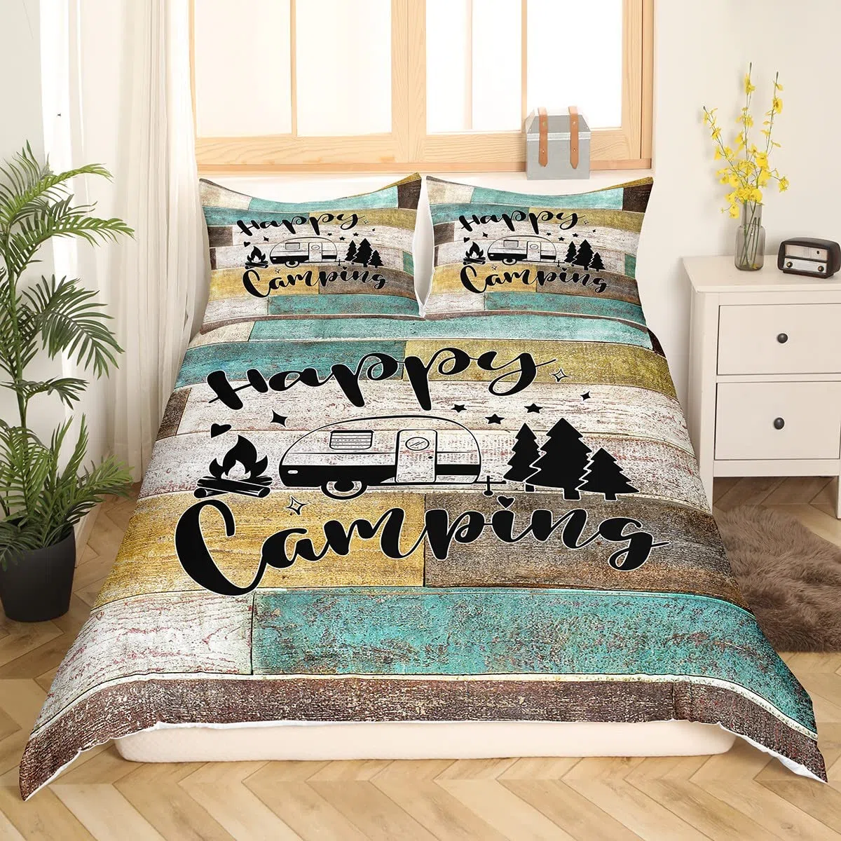 Glückliche Camping Auto Bettbezug Set L Größe,RV Camper Anhänger Dekor Bettwäsche Set Kinder Jungen Mädchen,Vintage Holz Plank Kabine Tröster Abdeckung,Rustikale Bauernhaus Quilt Cover,2 Kissenbezug