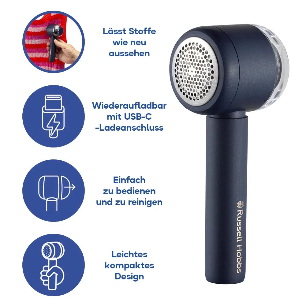 Russell Hobbs Fusselrasierer Elektrisch [USB-C Aufladung, Ansaugfunktion] Revive (Tragbarer, wiederaufladbarer Fusselentferner für Kleidung & Textilien, Magnetfach + Filter, Reinigungsbürste) 27660-56