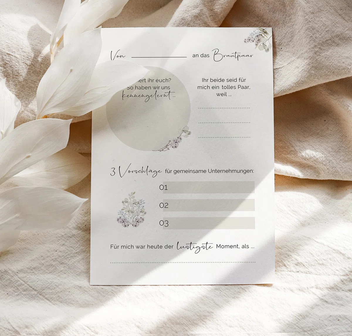 50 Gästebuch Karten für die Hochzeit mit Box | 5 verschiedene Designs | DIN A6 Postkartengröße | für alle Paare | Greenery & Eukalyptus Look