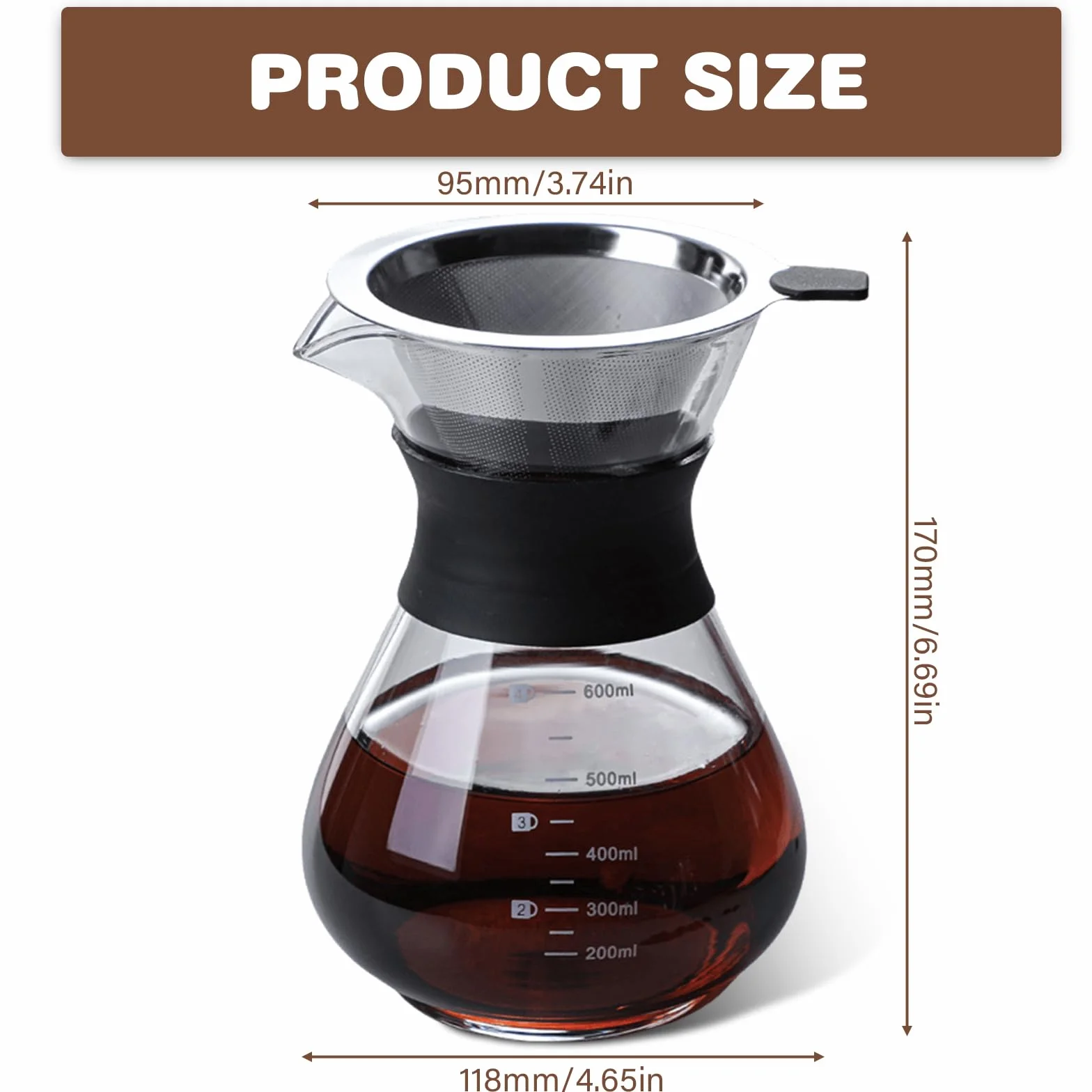 Pour Over Kaffeebereiter, 600ml Kaffeebrüher für Filterkaffee, Hand Kaffee Edelstahl Handfilter Aus Glas Mit Permanentfilter, Kaffeedrip-Brauer, Für Zuhause, Café, Restaurant und Camping, Schwarz